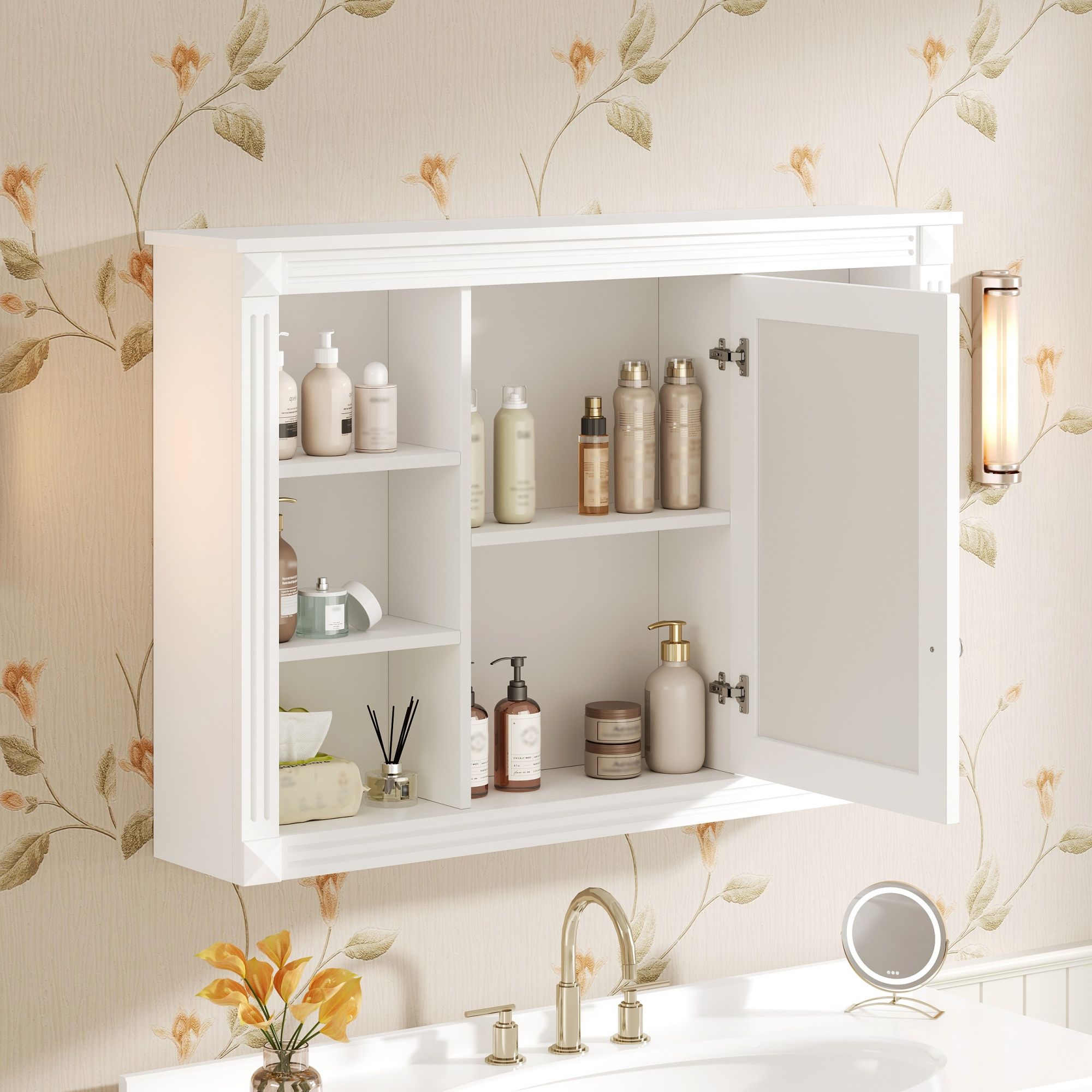Wall Mounted Bathroom Storage Cabinet With Mirror, Medicine Cabinet With 6 Open Shelves And Adjustable Interior - White by Unique Piece Furniture