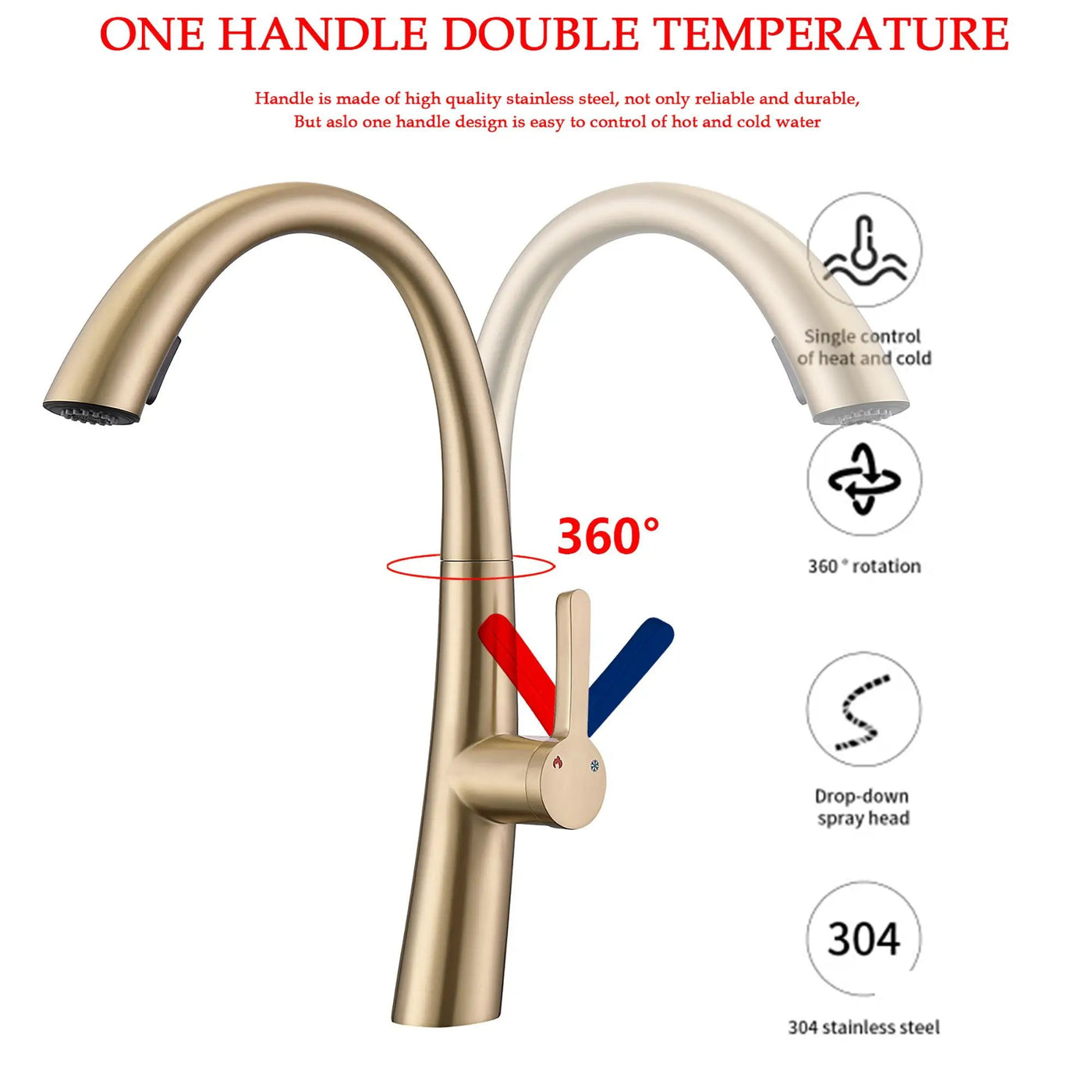 Elegant Single Handle Stainless Steel Pull Out Kitchen Faucet With High Arch Spout by HouseOfZazla