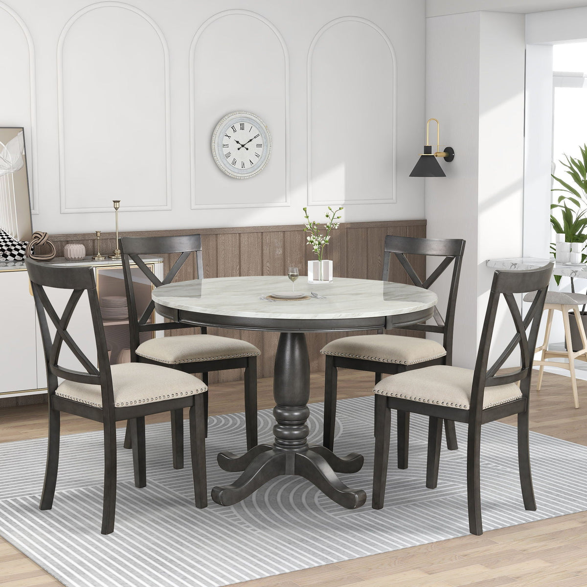 Solid Wood 5 Piece Dining Room Set with Table and 4 Chairs - White or Dark Gray, photo 3 of 40