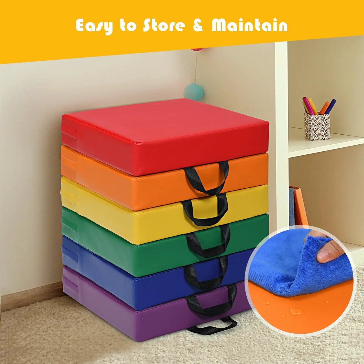 6 Pieces 15 Inches Square Toddler Floor Cushions Flexible Soft Foam Seating with Handles by DirectDeals
