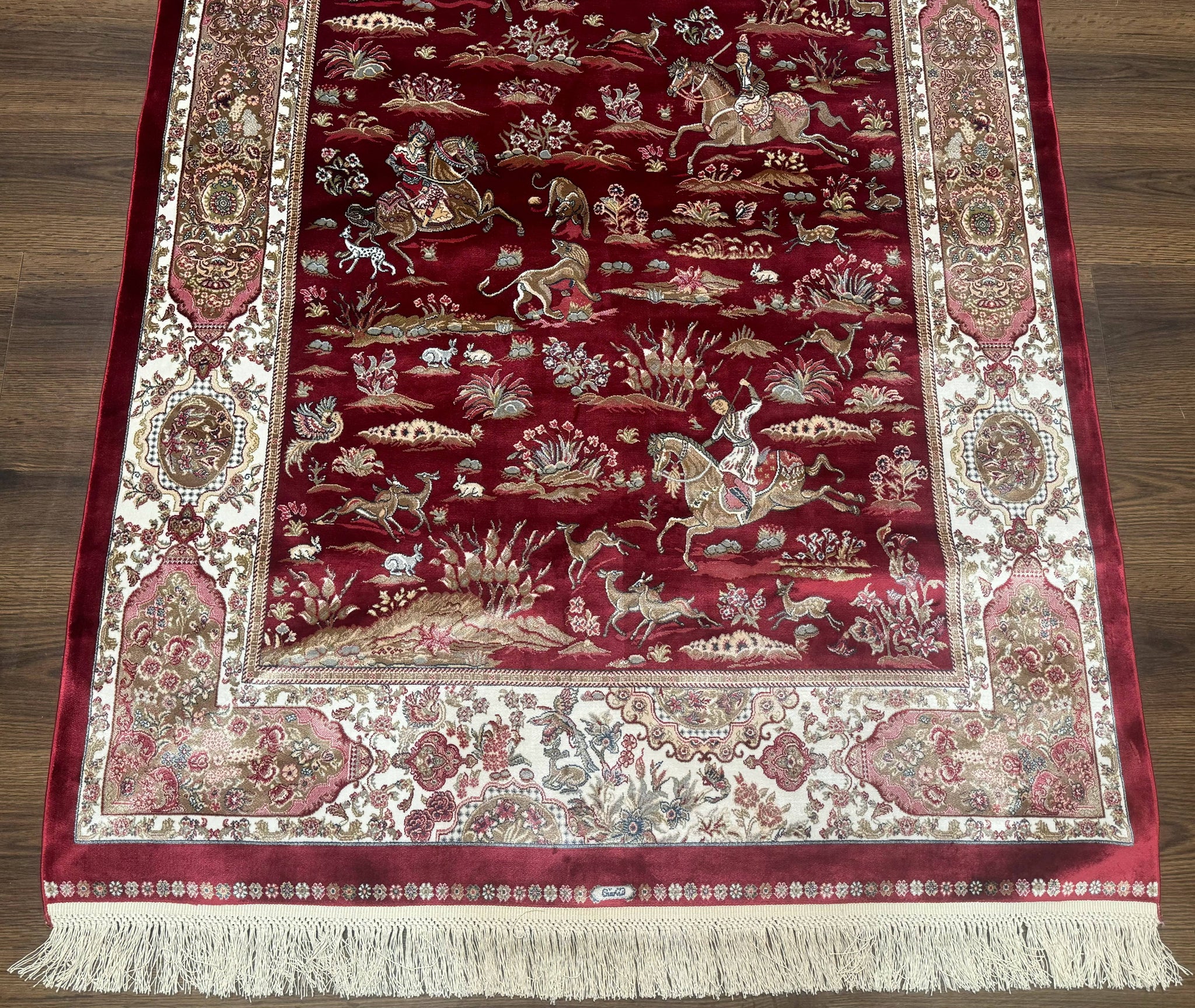 Turkish Silk Hunting Design Rug 4x6, Dark Red & Ivory, Bamboo Silk, New by Jewel Rugs