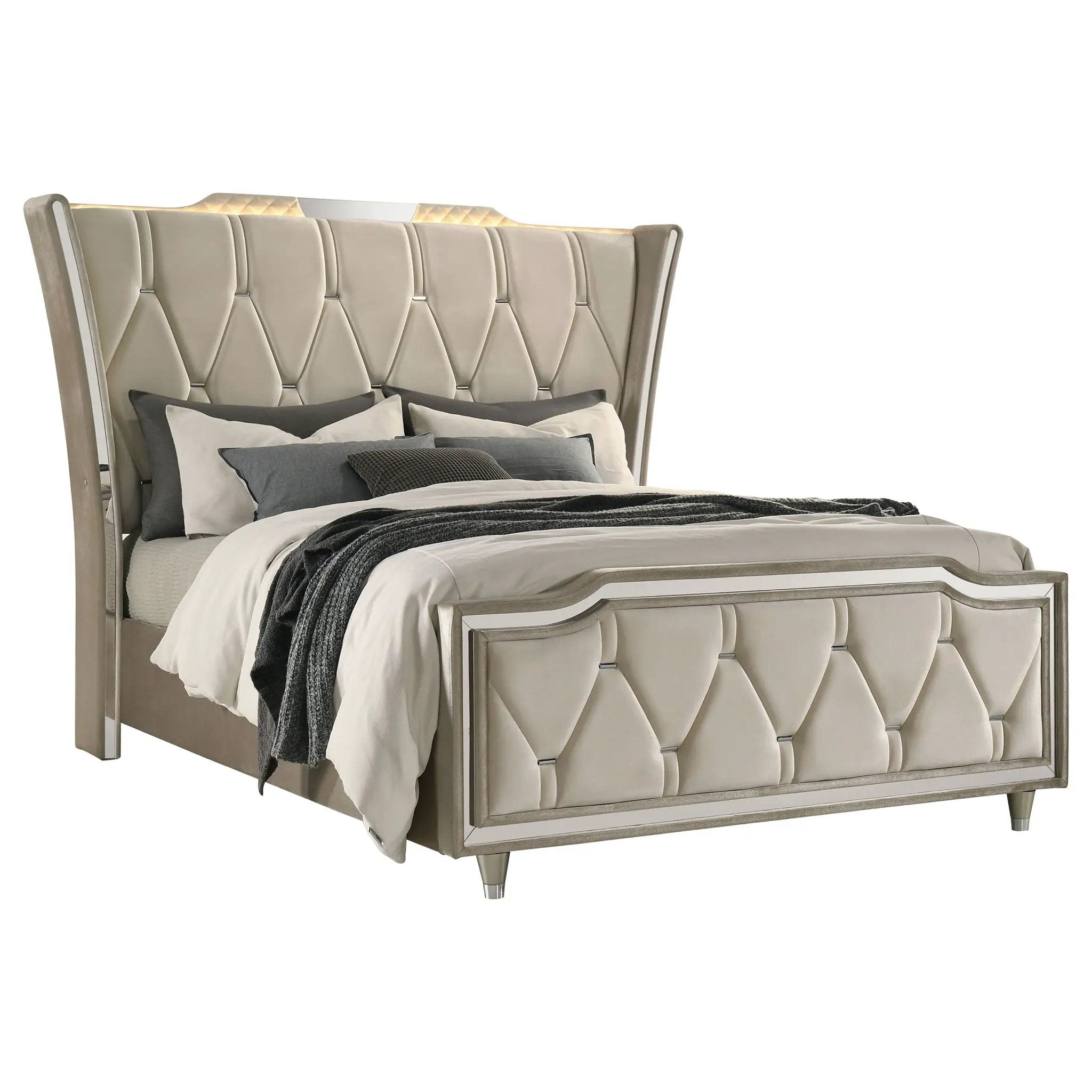 Lorient Queen LED Upholstered Wingback Bed Ivory and Camel by Unique Piece Furniture