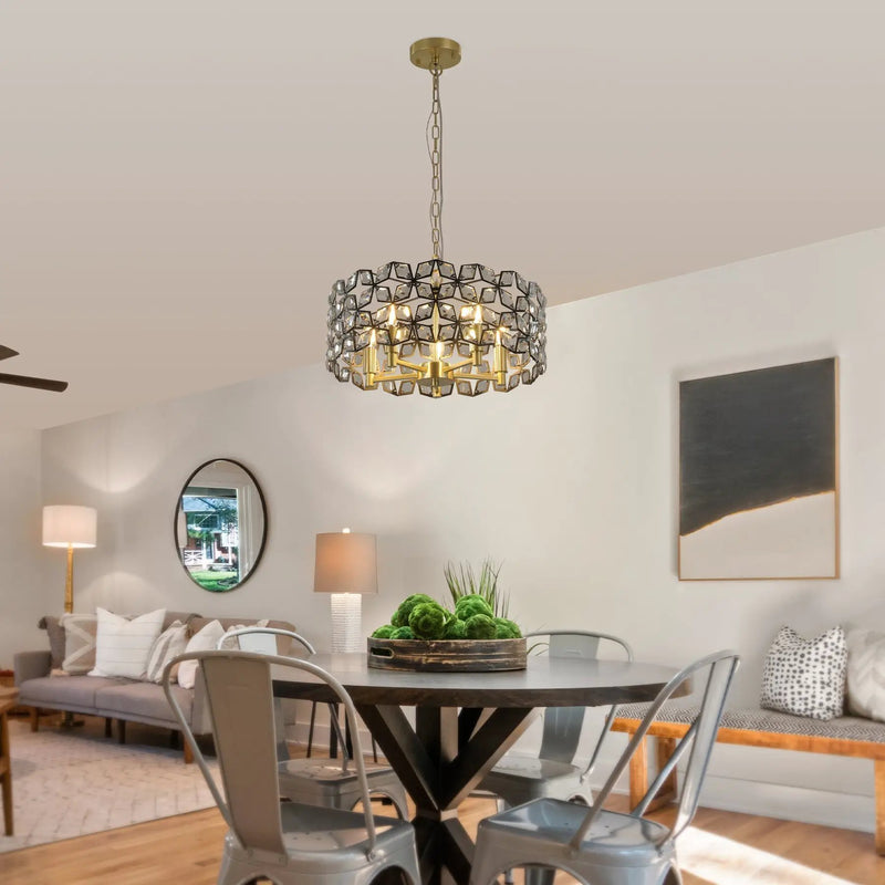 19" Geometric Crystal and Black Gold Round Pendant Chandelier by HouseOfZazla