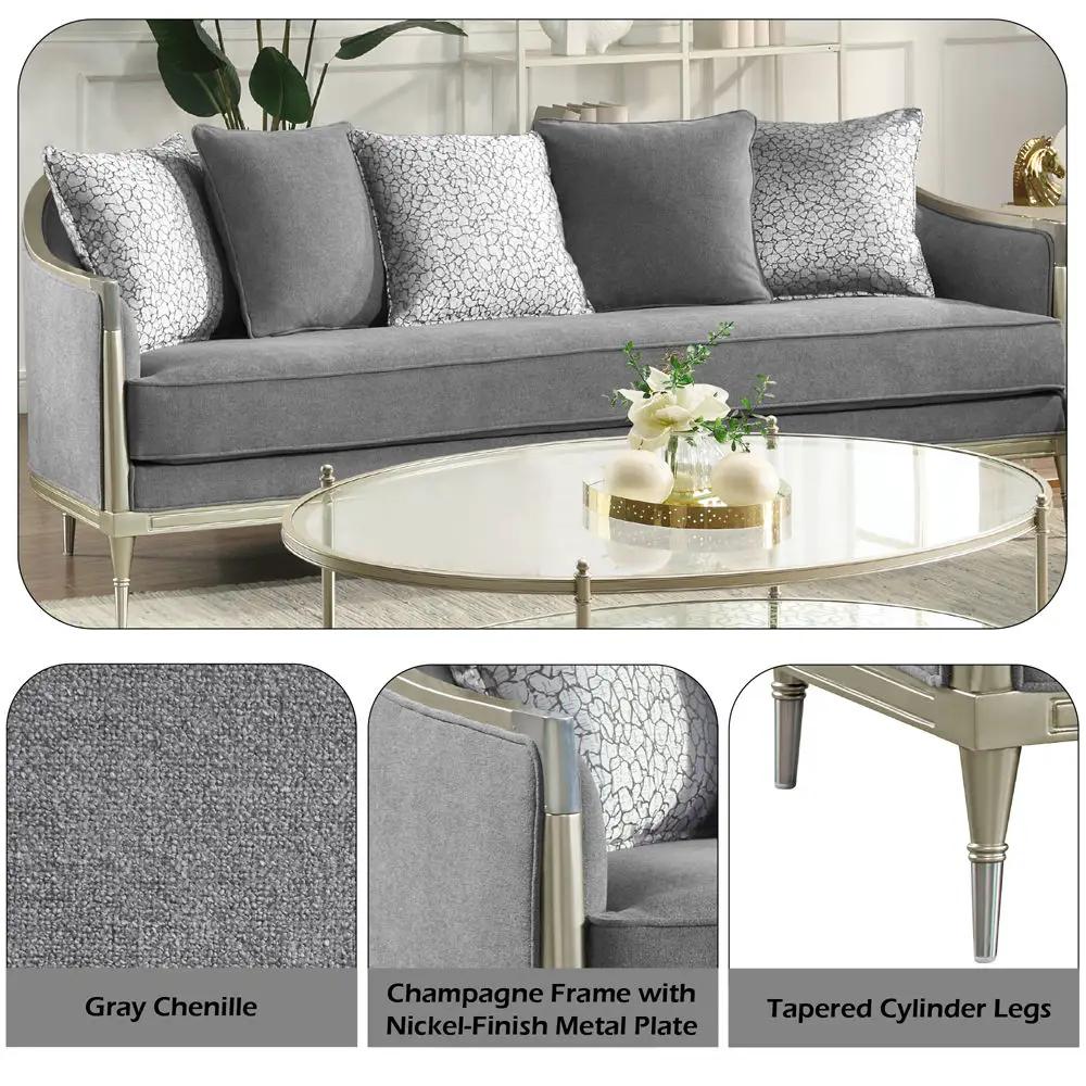 Fernando - Sofa With 5 Pillows - Gray Chenille & Champagne by Unique Piece Furniture