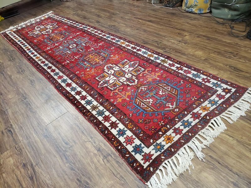 Antique Persian Heriz Karajeh Runner Rug 3x11, Hand-Knotted Red Geometric Medallions by Jewel Rugs