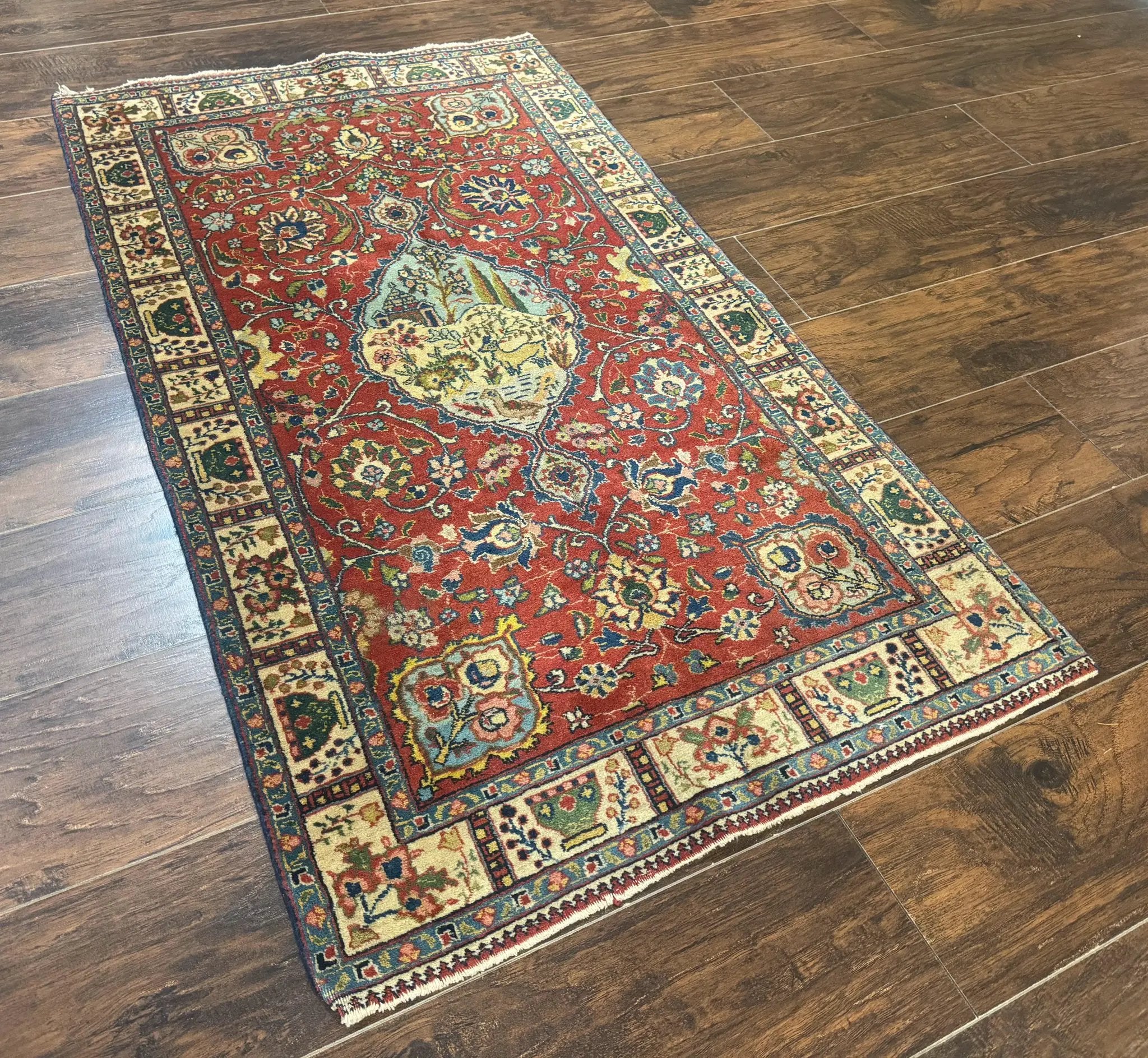 Small Persian Tabriz Rug 2.8 x 4.7, Red, Animal Pictorials, Semi Antique Vintage by Jewel Rugs