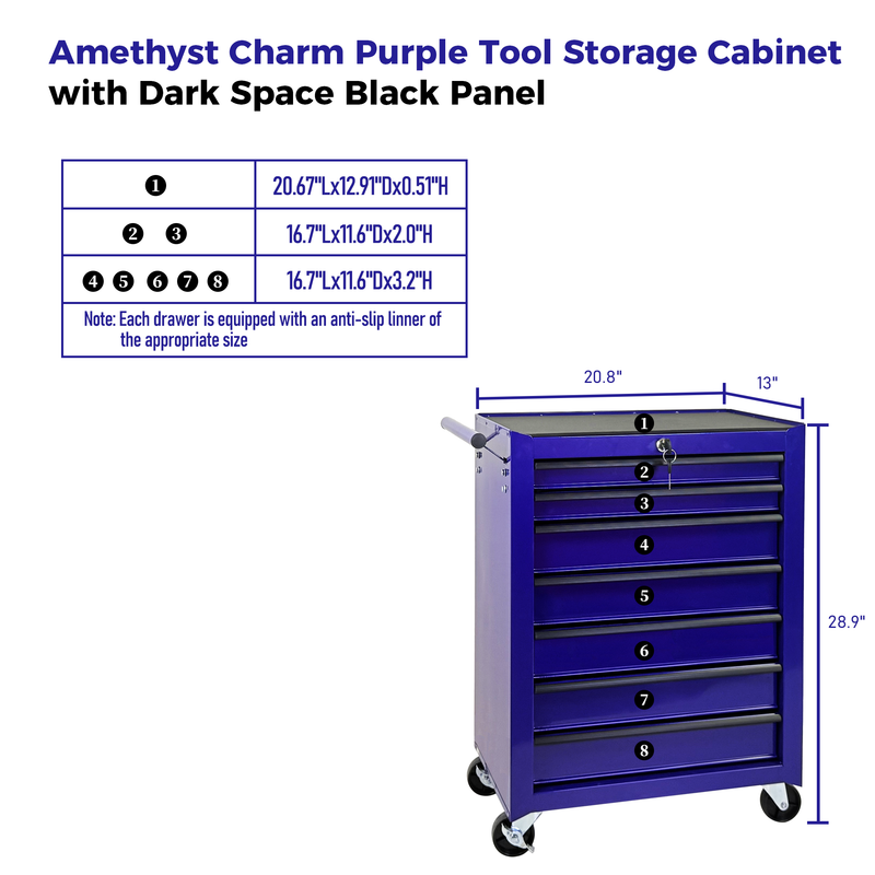 Rolling Metal Tool Chest with 7 Drawers, 20" Steel Cabinet - Purple by HouseOfZazla
