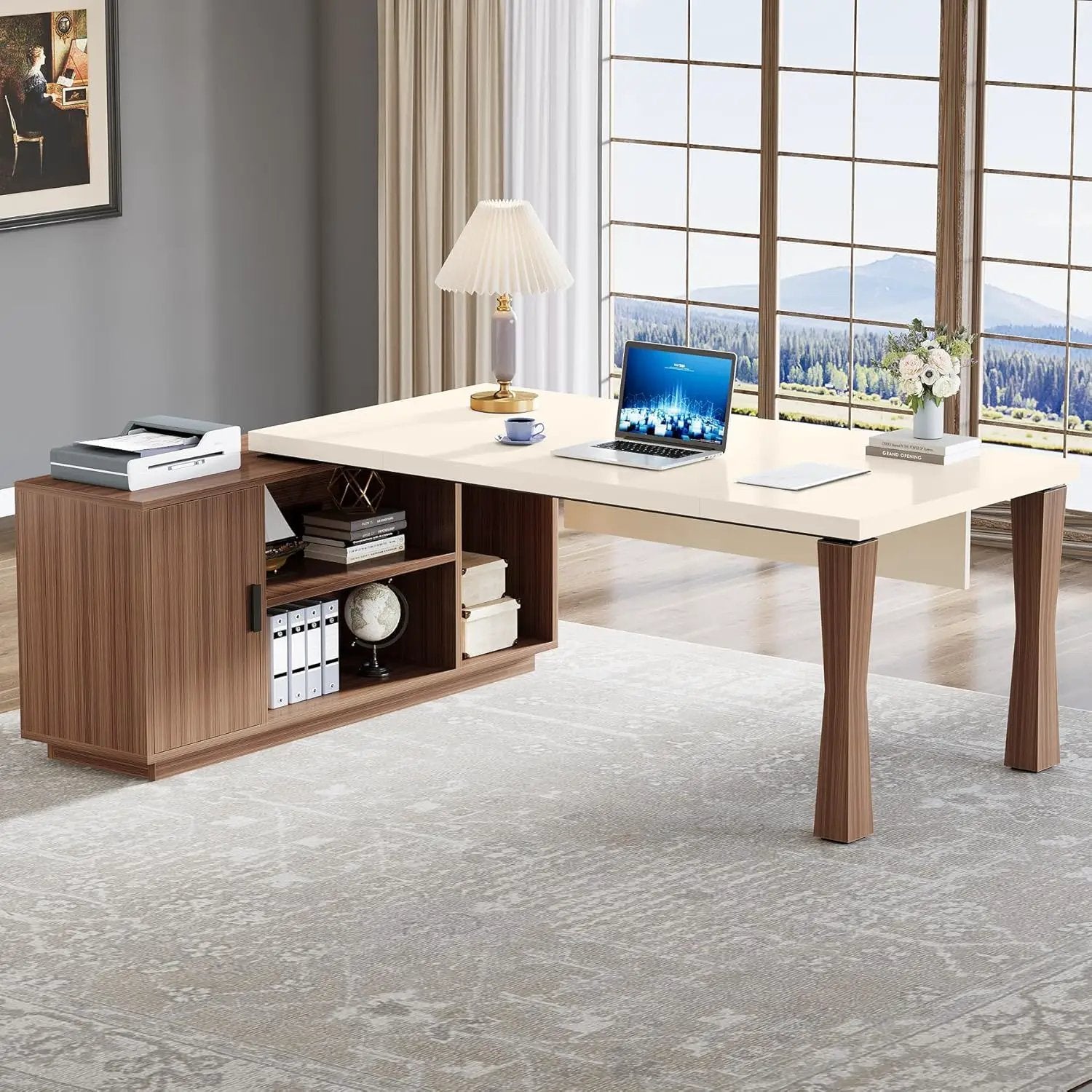 L-Shaped Executive Desk With Storage Cabinet, Home Office Workstation With Shelves - White / Walnut by HouseOfZazla