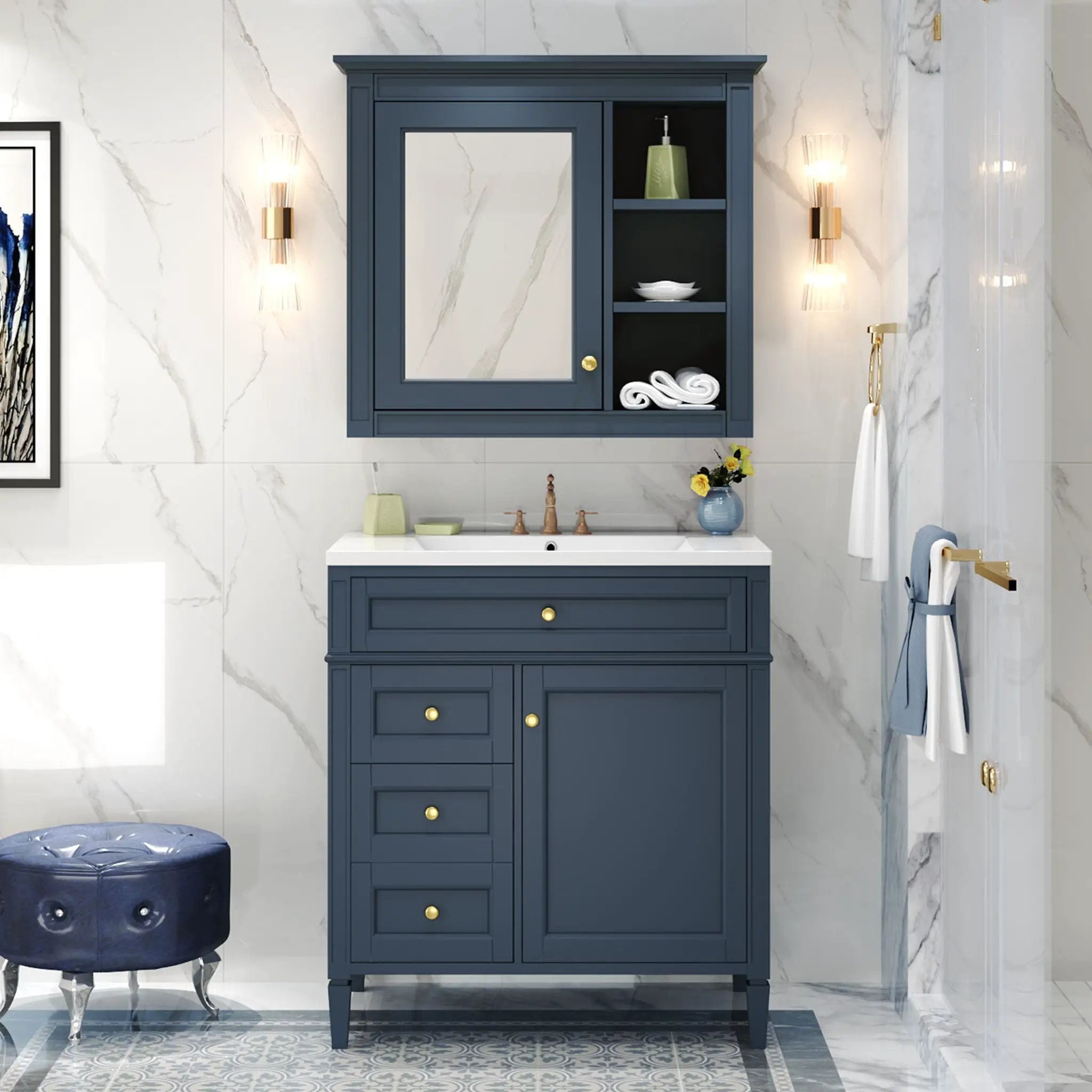 Bathroom Vanity With Medicine Cabinet, Royal Mirror Cabinet, Modern Bathroom Storage Cabinet With 2 Soft Closing Doors And 4 Drawers by HouseOfZazla