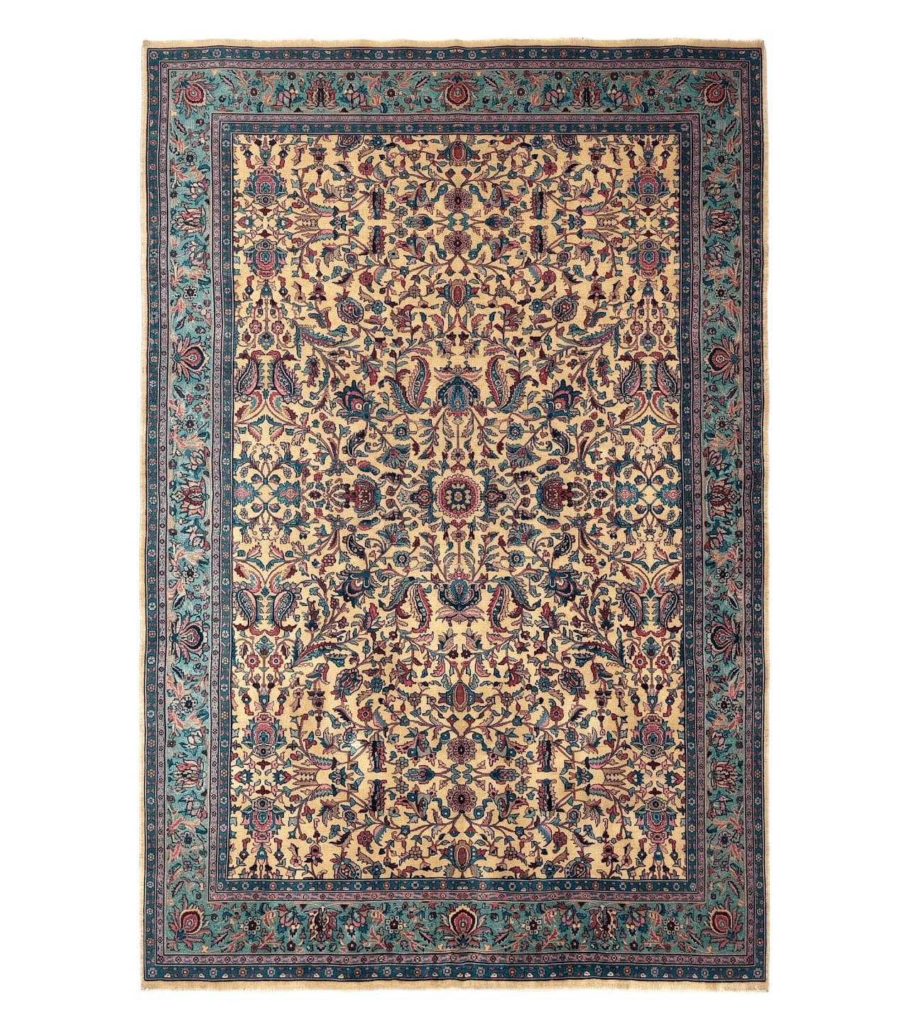 Antique Persian Rug 10x15, Camel and Cyan, Allover Pattern, Rare, Samarkand Rug by Jewel Rugs