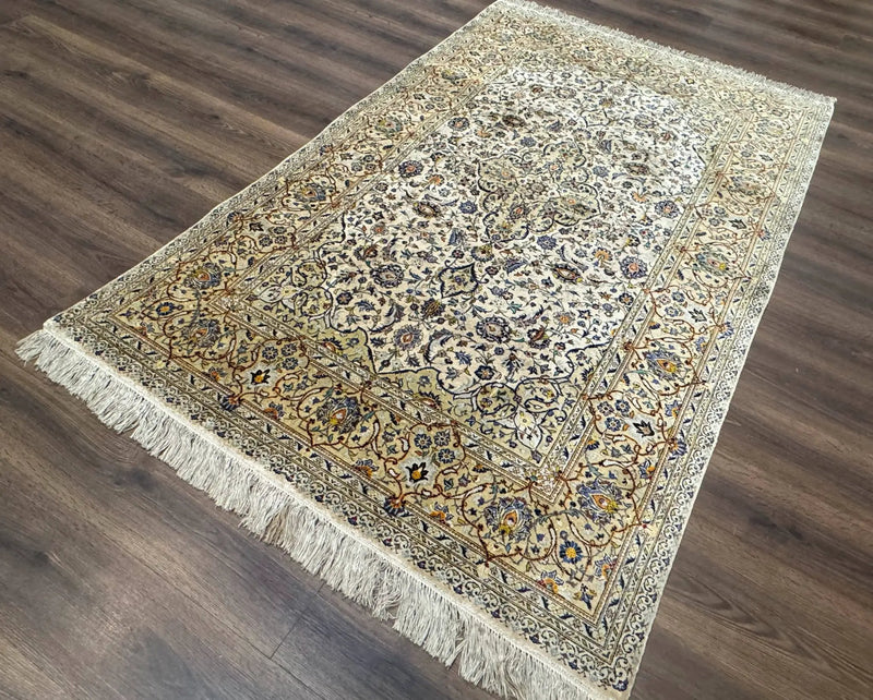 Rare Silk Persian Kashan Rug 4.6 x 7, Antique Fine 310 KPSI, Ivory by Jewel Rugs