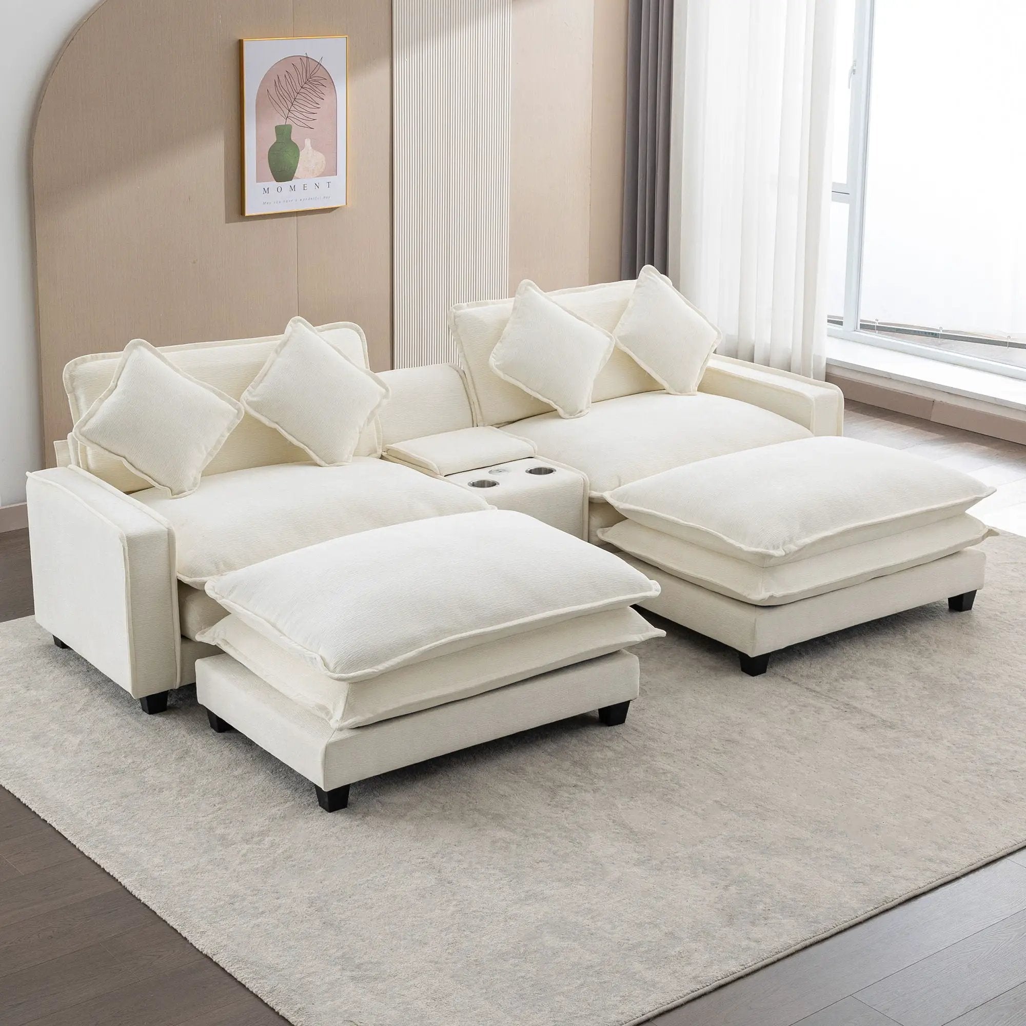 Sectional Sofa Upholstered Sofa With Two Removable Ottoman, Two USB Ports, Two Cup Holders And Large Storage Box For Living Room by HouseOfZazla