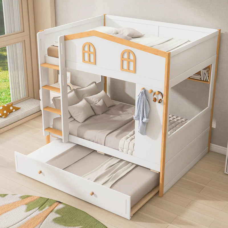 Full Over Full Bunk Bed With Storage Shelves And Trundle - White / Natural by HouseOfZazla