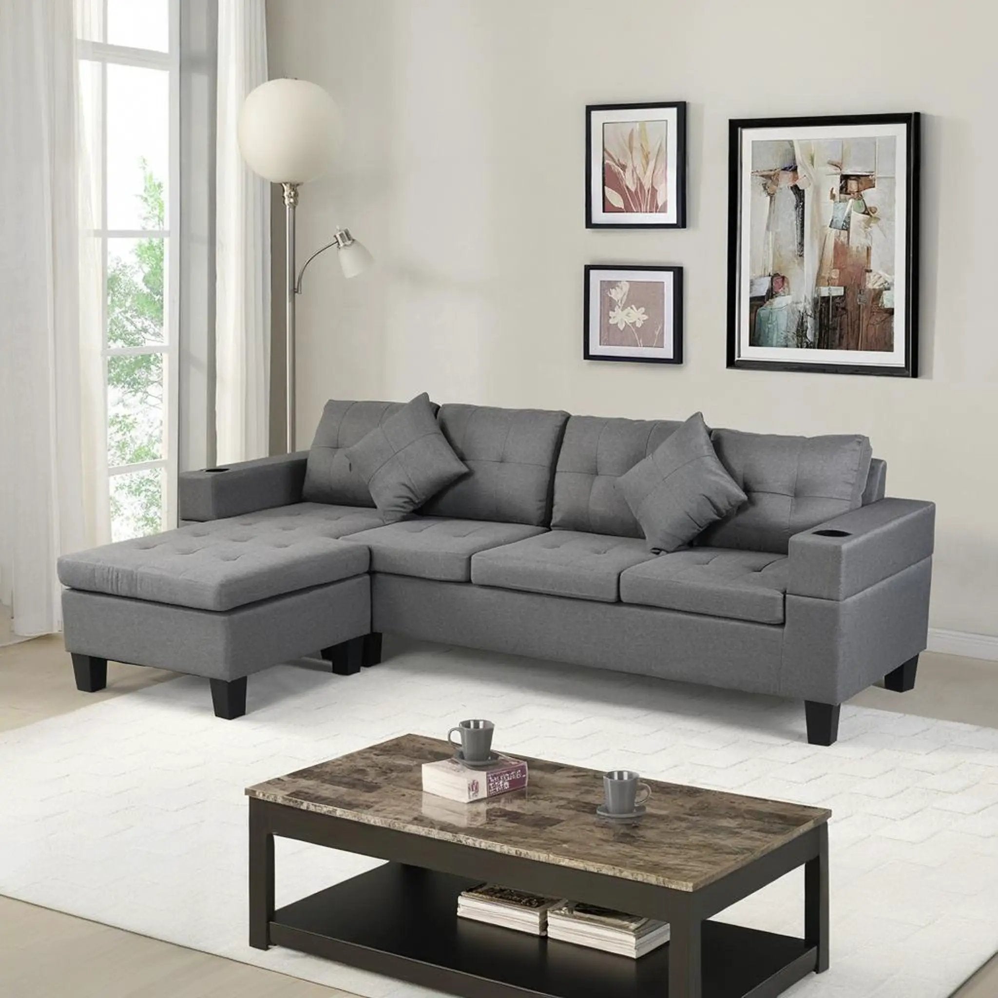 Modern Sectional Sofa Set With L Shape Chaise Lounge, Cup Holder, 4 Seat - Gray by HouseOfZazla