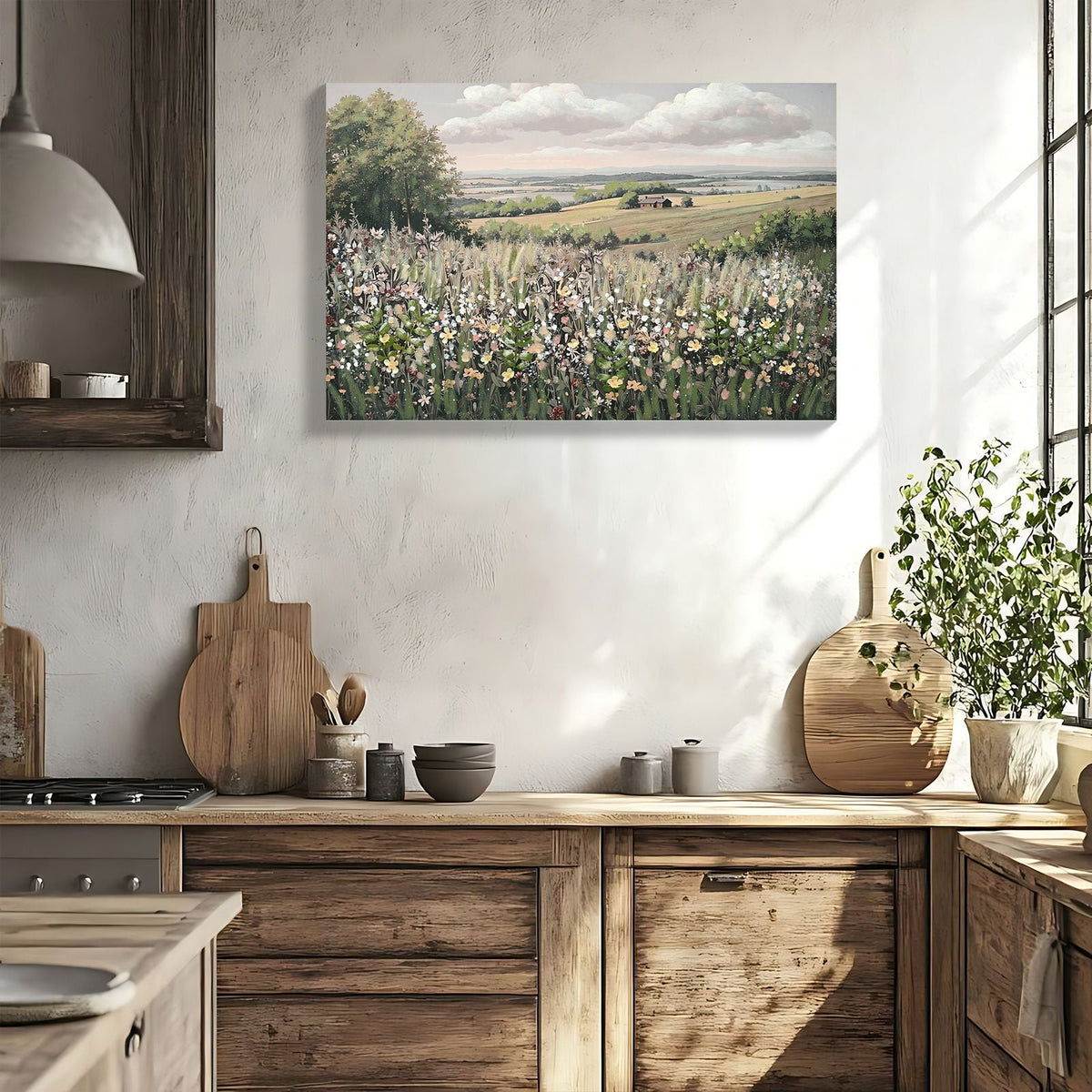 Framed Canvas Wall Art Vintage Landscape with 3D Floral Accents – Green/Ivory, photo 2 of 4