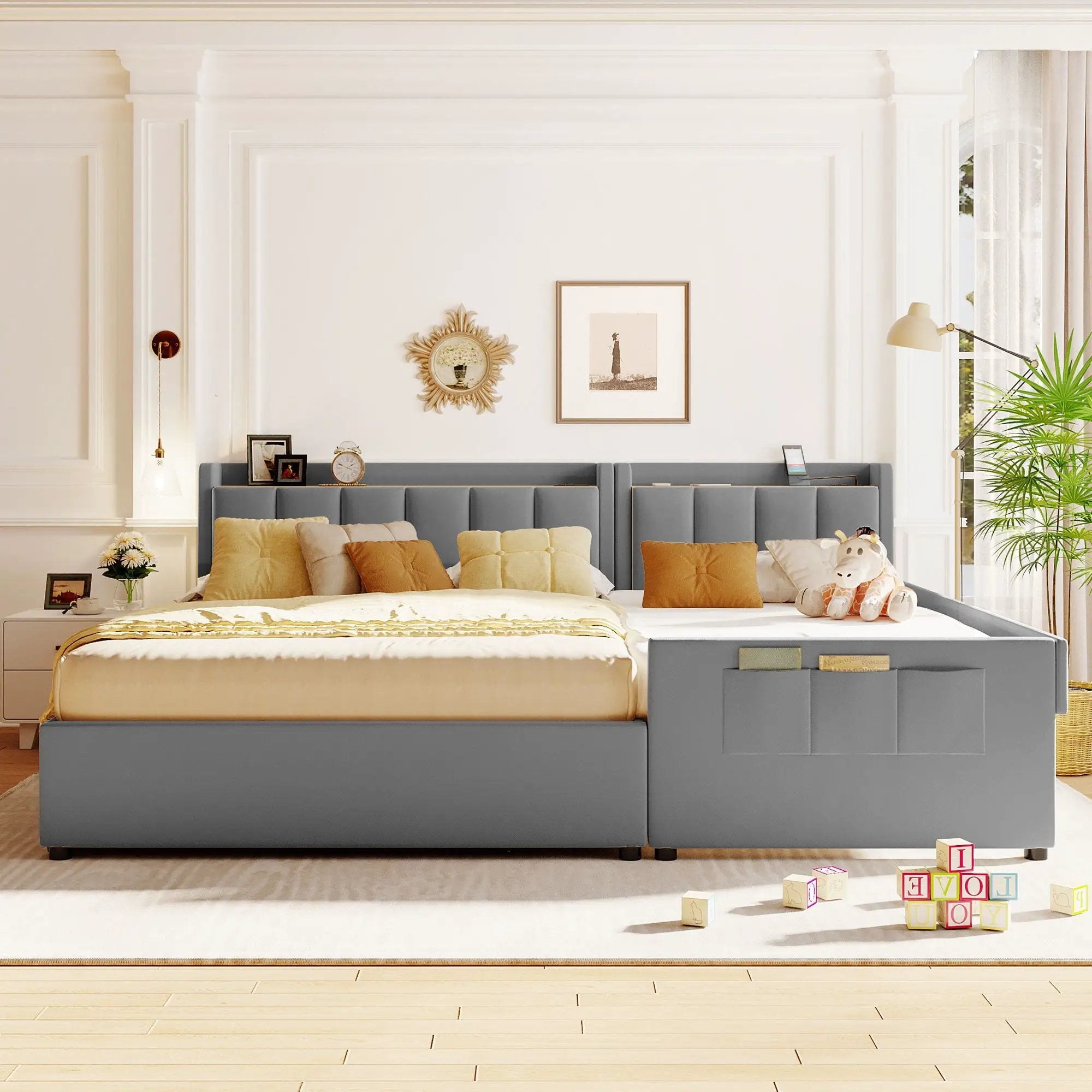 Upholstered Mother & Child Bed With Hydraulic Storage System, Drawer Box, Bedhead Storage Shelf And 2 Pairs Of Sockets & USB Ports by Unique Piece Furniture