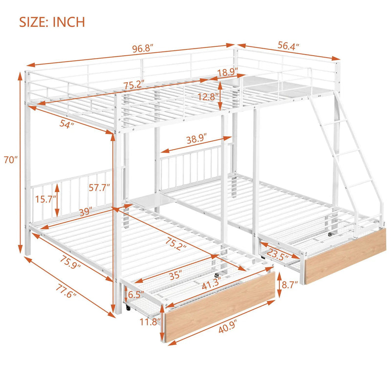 Triple Bunk Bed With Drawers And Guardrails