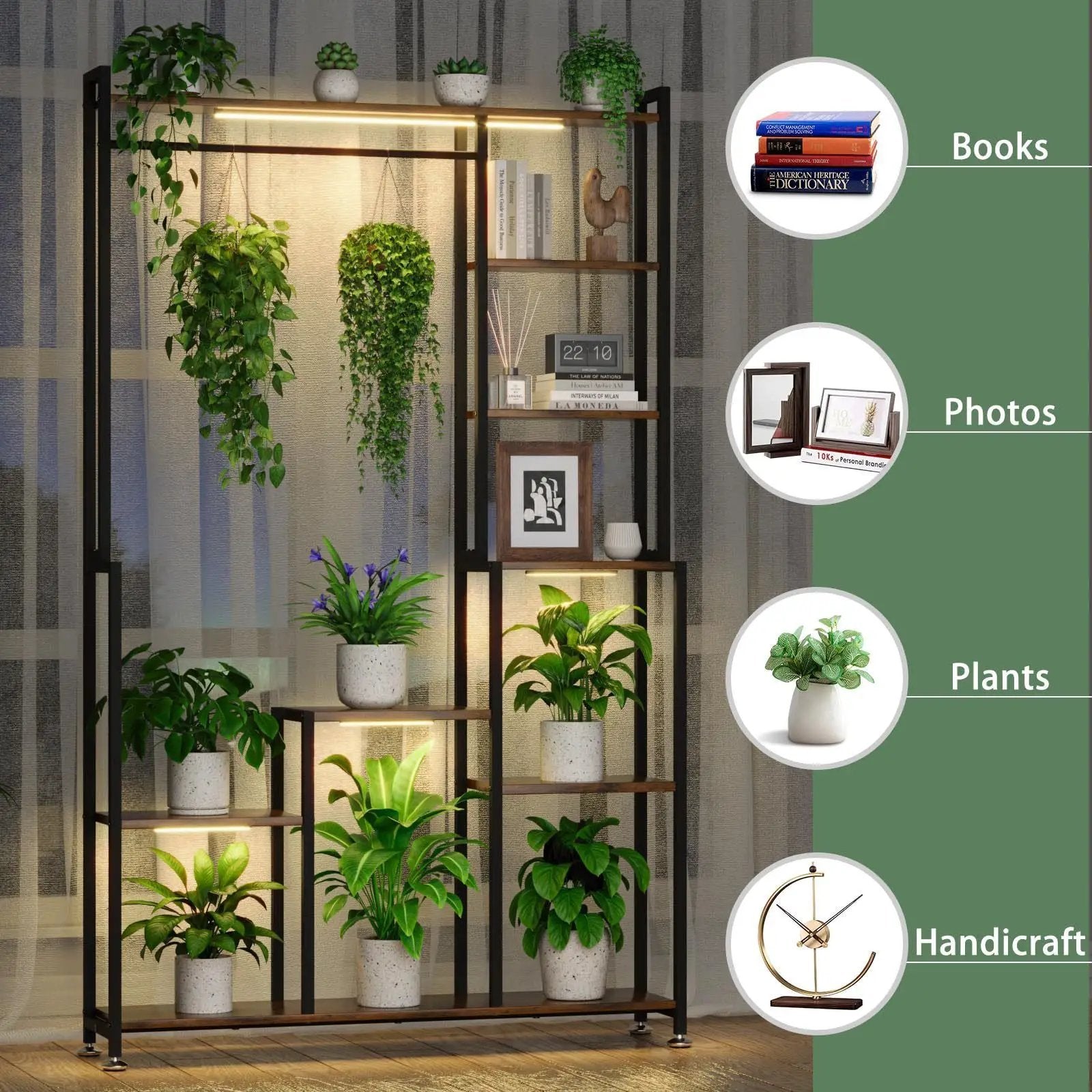 Large Plant Stand Indoor With Grow Light, Tall Plant Shelf, 8 Tiered Heavy Duty Metal Plant Stand, Square Flower Stand Display Rack For Living Room - Walnut / Black by Unique Piece Furniture