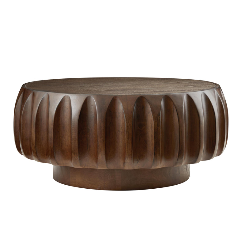 Round Coffee Table with Solid Wood Carved Frame and Elegant Sculptural Design