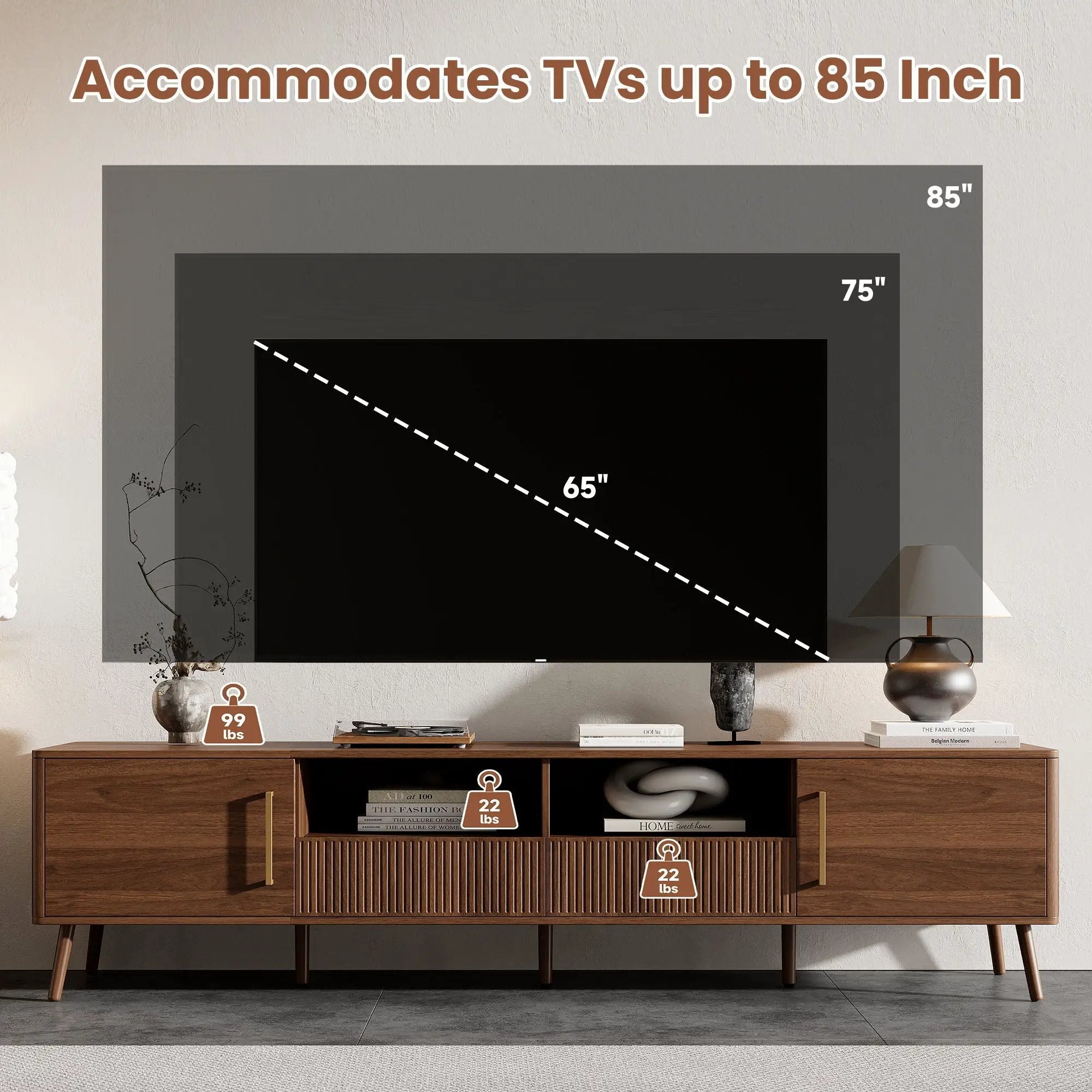 TV Stand For TVs Up To 85" With Soft-Close Doors, Open Shelf, Cable Management - Walnut by HouseOfZazla