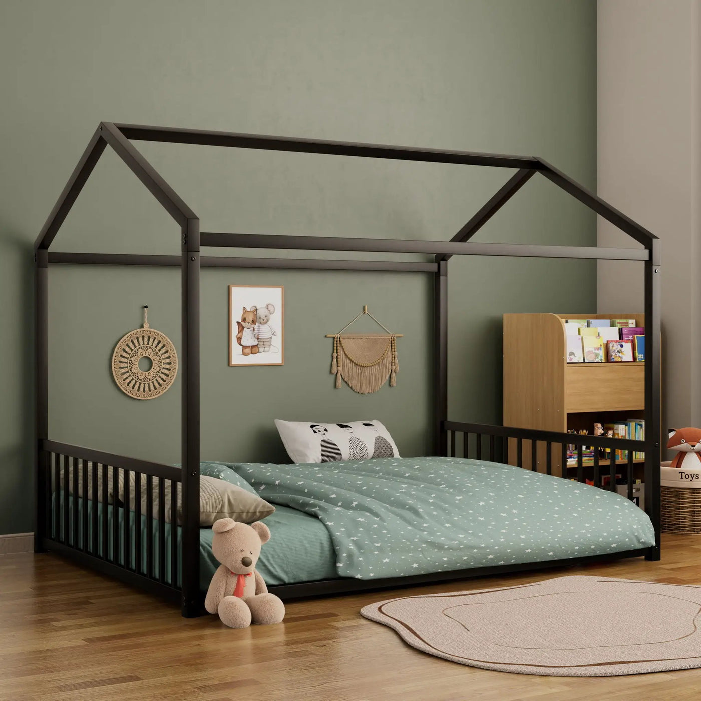 Montessori Style Floor House Shaped Bed With Safety Guardrails by HouseOfZazla