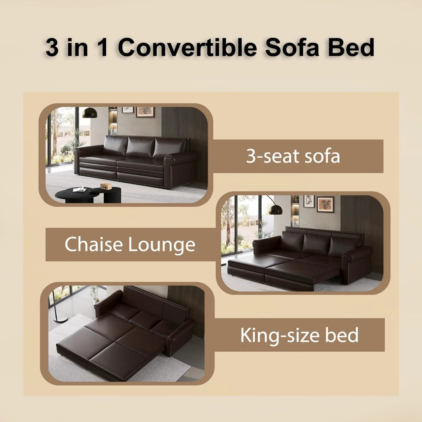 3 In 1 Convertible Sleeper Sofa With Nailhead Trim & Rolled Arm by HouseOfZazla