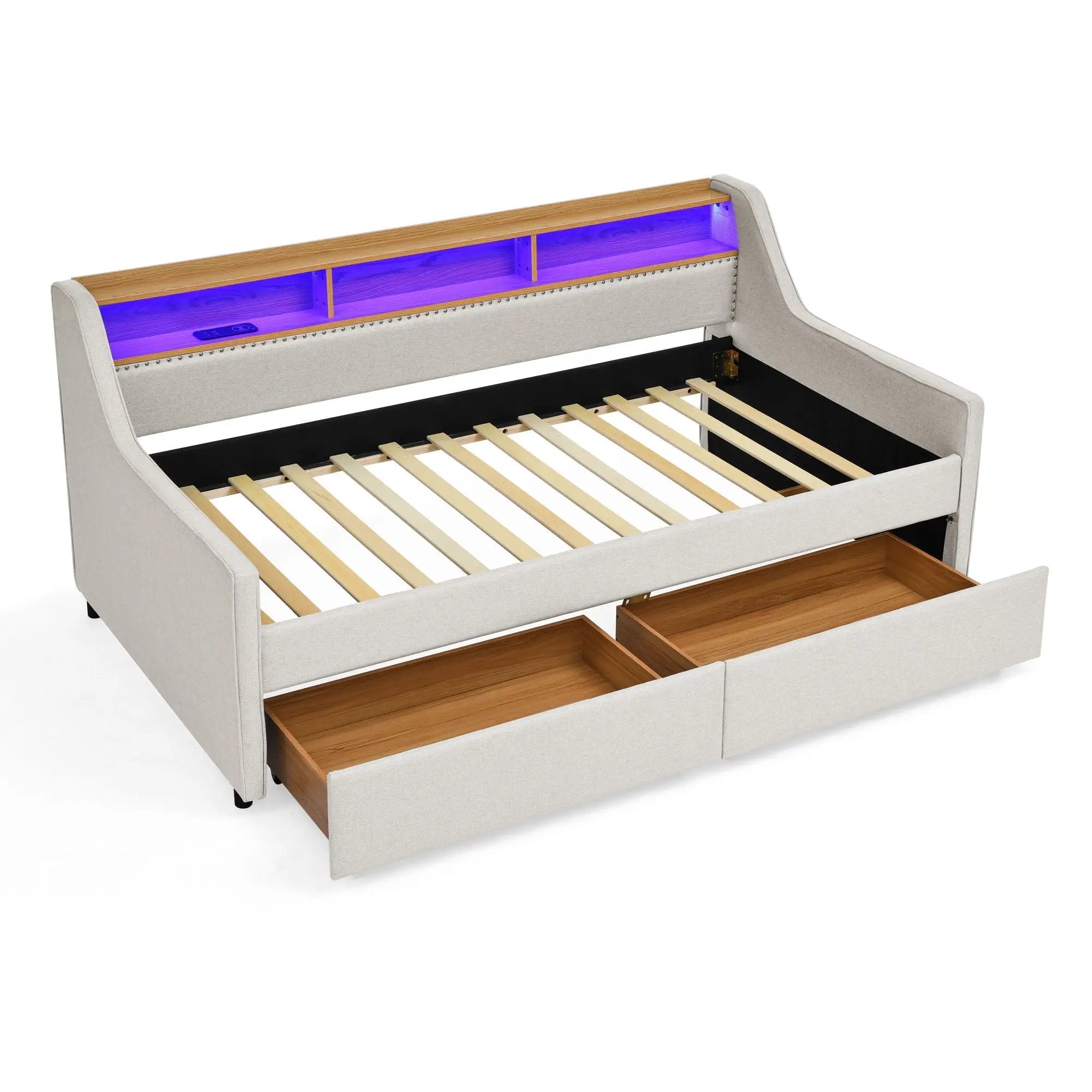 Twin Upholstered Sofa Bed With LED Lights, Storage Drawers, Adjustable Headboard & Wireless Charging - Beige by Unique Piece Furniture