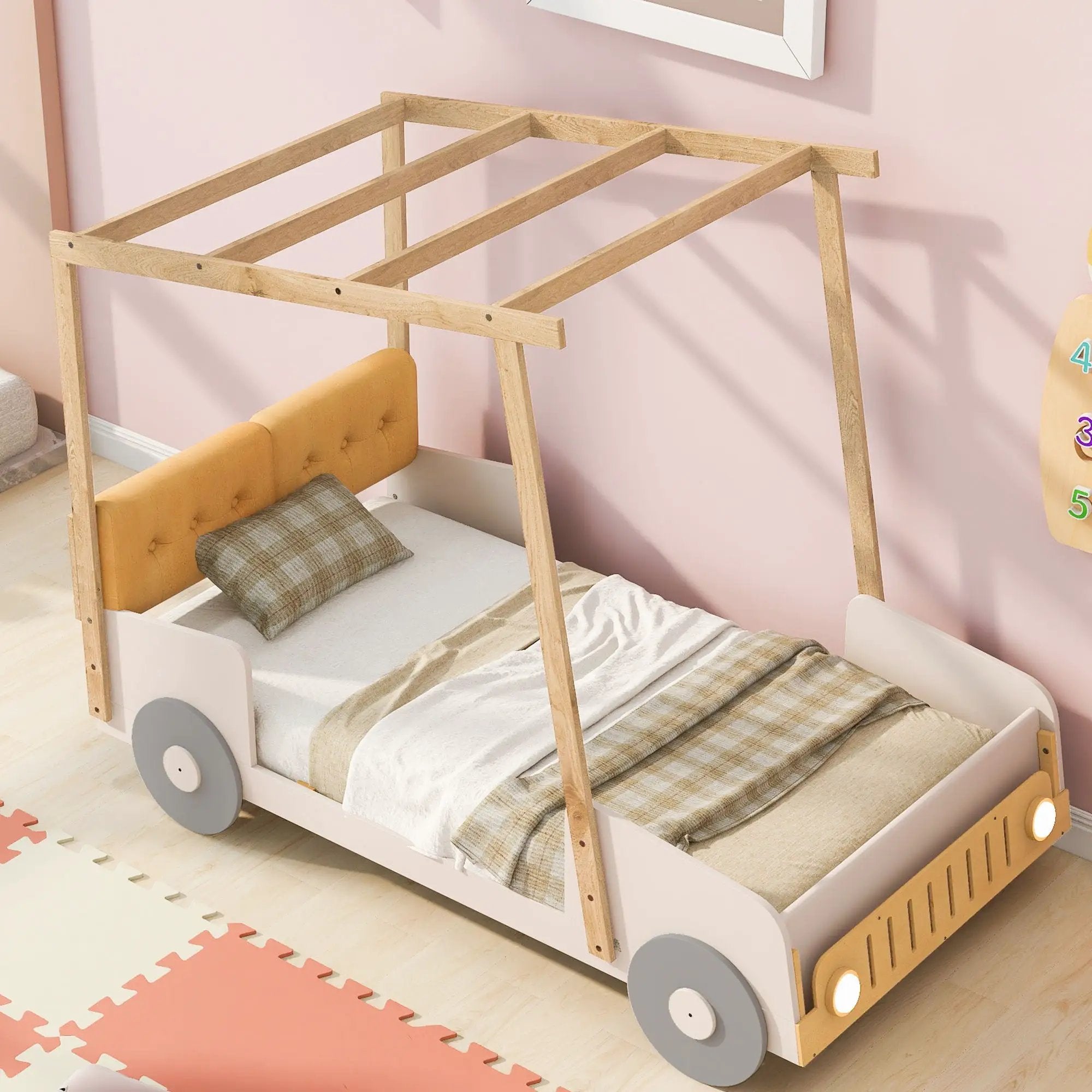 Twin Size Car Bed With Pillow, Ceiling Cloth And LED - Natural by Unique Piece Furniture