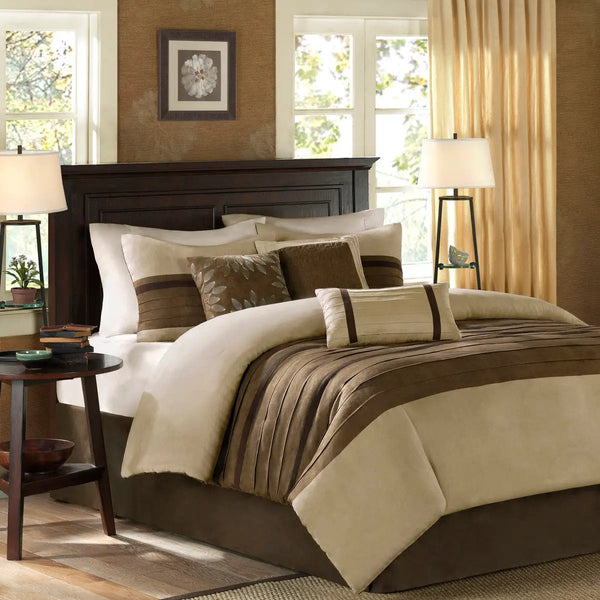 7 Piece Faux Suede Comforter Set Natural Queen
