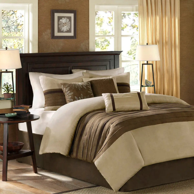 7 Piece Faux Suede Comforter Set Natural Queen by HouseOfZazla