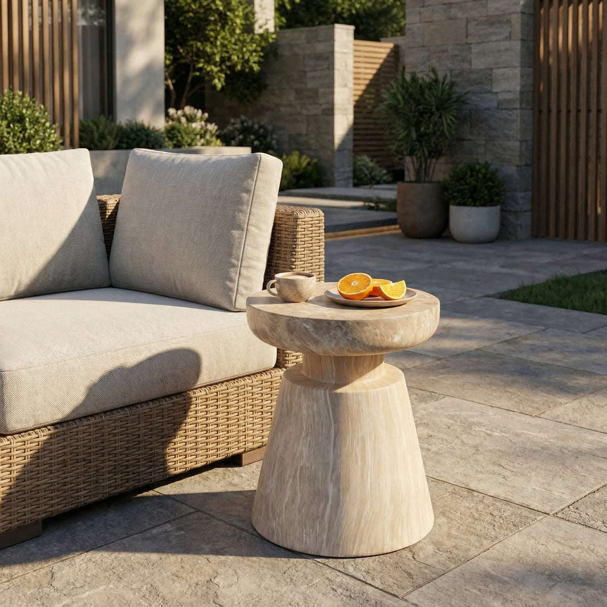 Travertine Outdoor Side Table with Pedestal Base – Gold or White, photo 3 of 10
