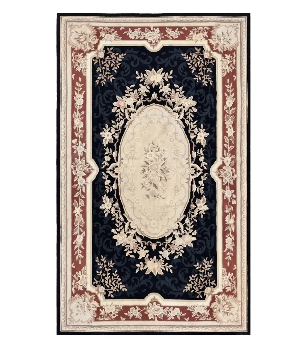 Needlepoint Rug 5x8, Wool Handmade Vintage European Design Carpet, Black & Maroon, French Aubusson Pattern Flatweave Rug by Jewel Rugs