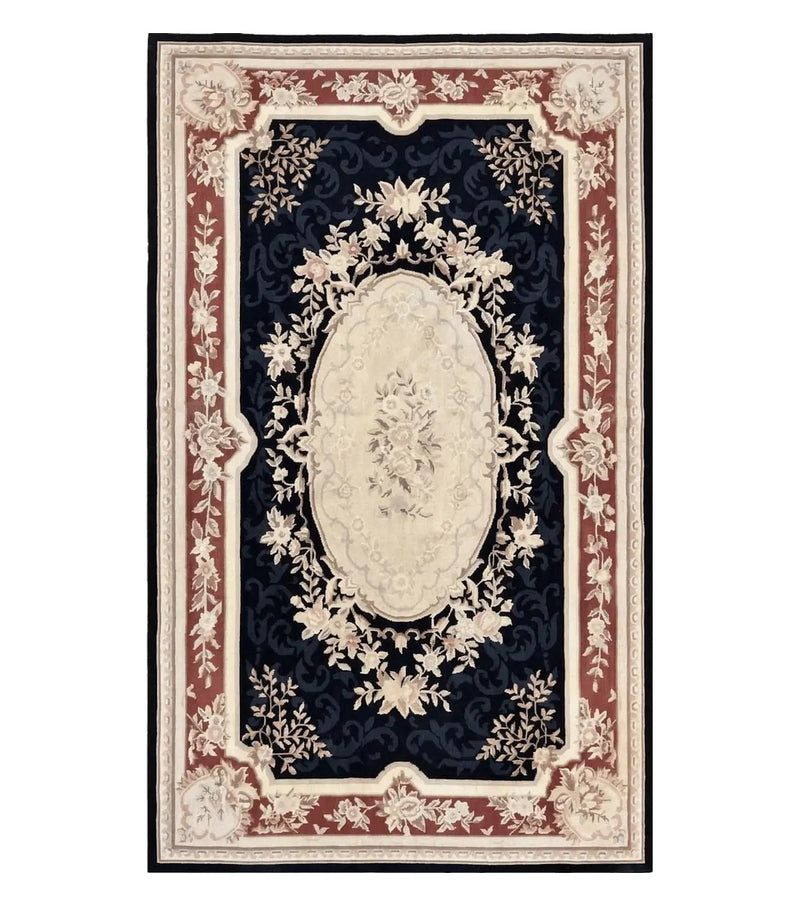Needlepoint Rug 5x8, Wool Handmade Vintage European Design Carpet, Black & Maroon, French Aubusson Pattern Flatweave Rug by Jewel Rugs