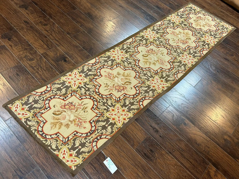 Needlepoint Runner Rug 2.8 x 9.8, Brown and Beige, Handwoven Handmade Floral French European Design, Vintage Flatweave 10ft Wool Runner Rug by Jewel Rugs