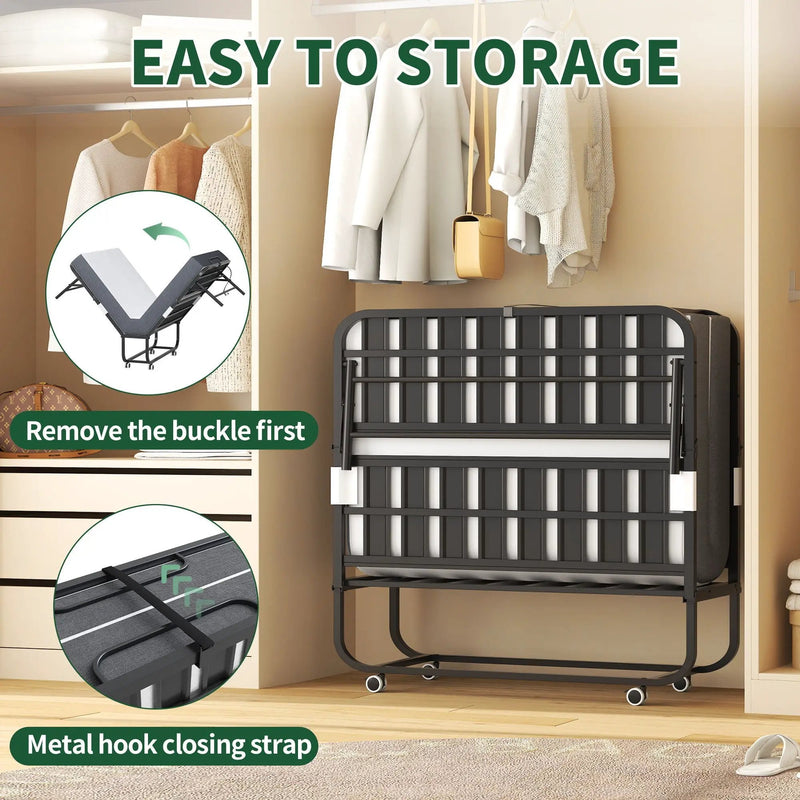 Twin Wide Folding Bed For Tall People, Extra Long & Wide Rollaway With Memory Foam, Heavy-Duty - Black by Unique Piece Furniture