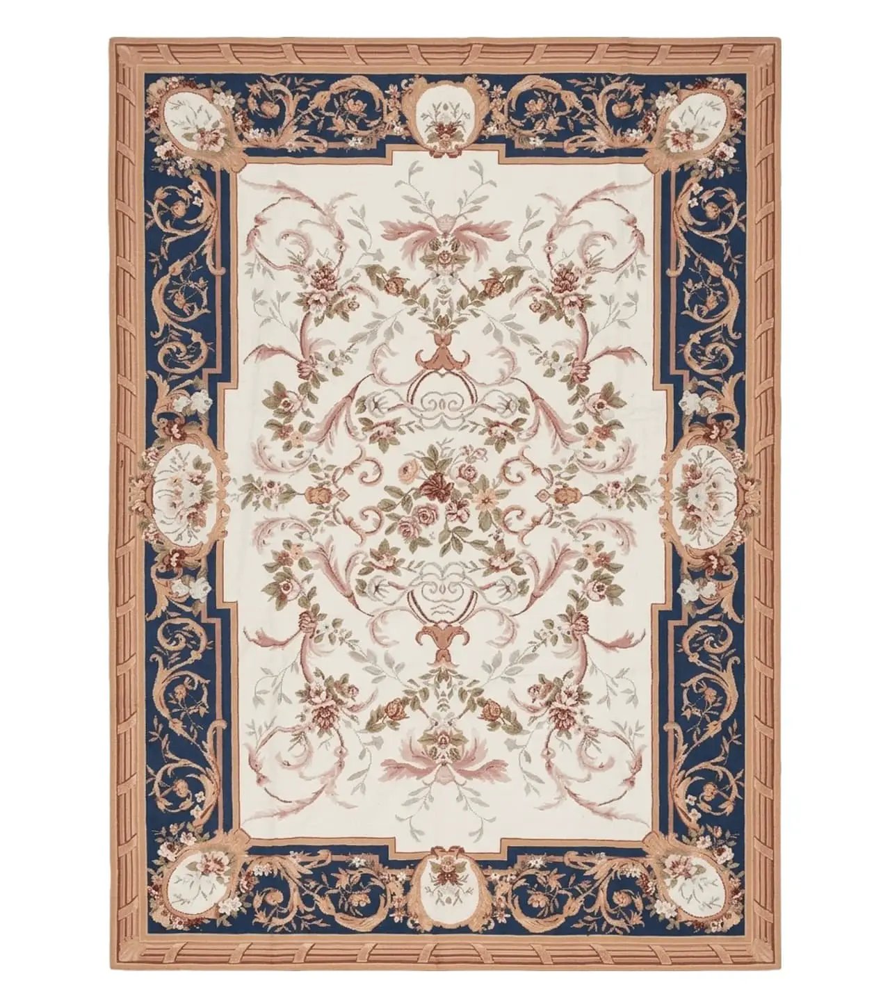 Chinese Aubusson Savonnerie Area Rug 6x8, Vintage Hand-Woven Needlepoint Rug, Flat Weave Handmade Wool Carpet Living Room Ivory & Navy Blue by Jewel Rugs