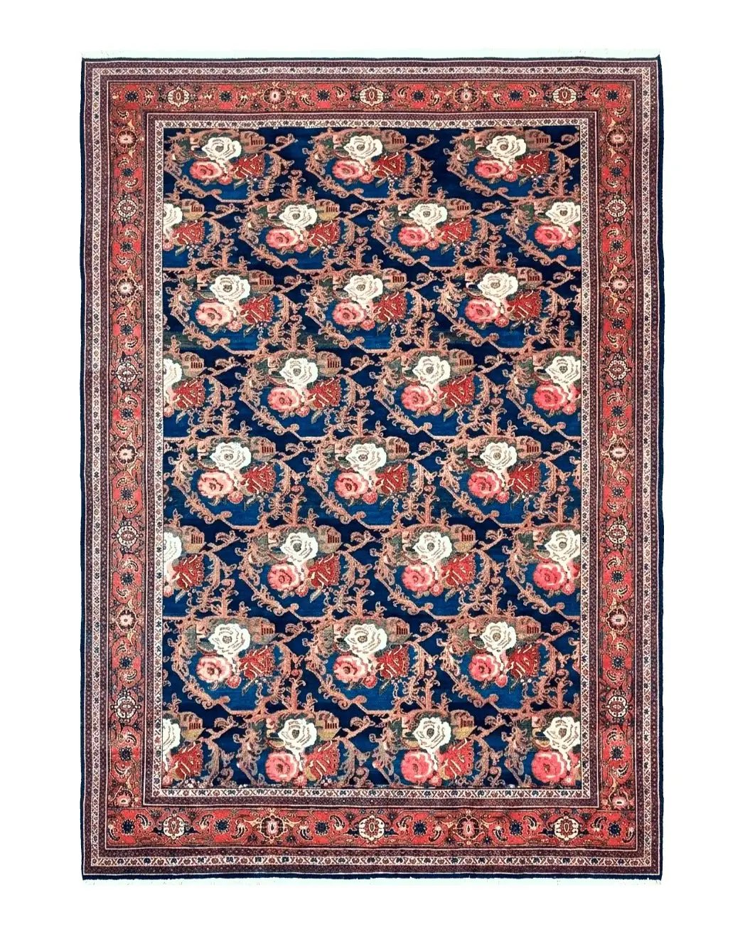 Persian Bidjar Rug 8x11, Floral Bouquets, Blue Black Red Pink, Handmade Hand Knotted Vintage Semi Antique Oriental Carpet by Jewel Rugs