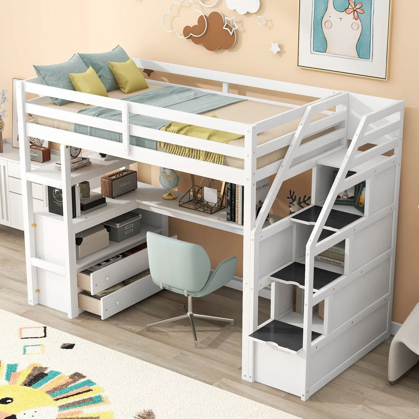 Loft Bed With Desk, Shelves, 2 Drawers, Storage Staircase by Unique Piece Furniture