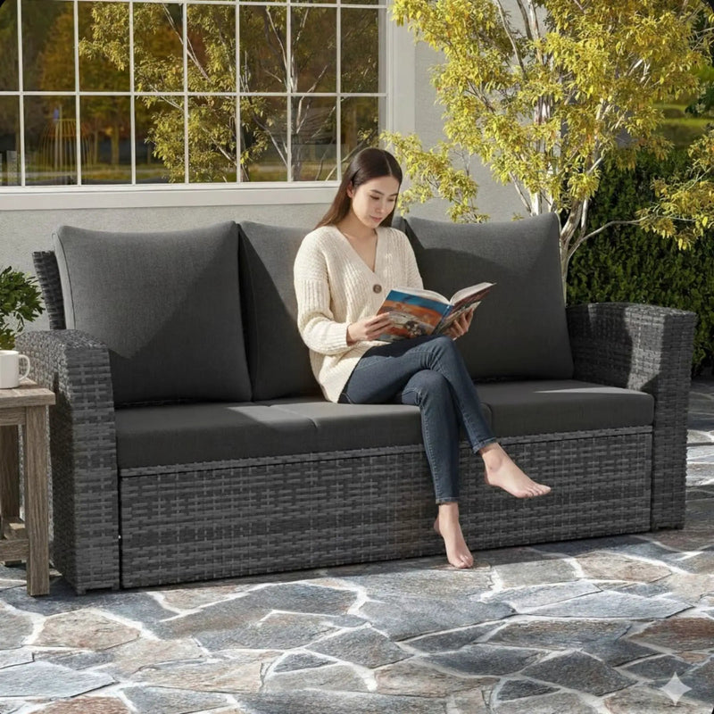 All-Weather Wicker 3 Seat Patio Sofa With Thick Cushions by HouseOfZazla