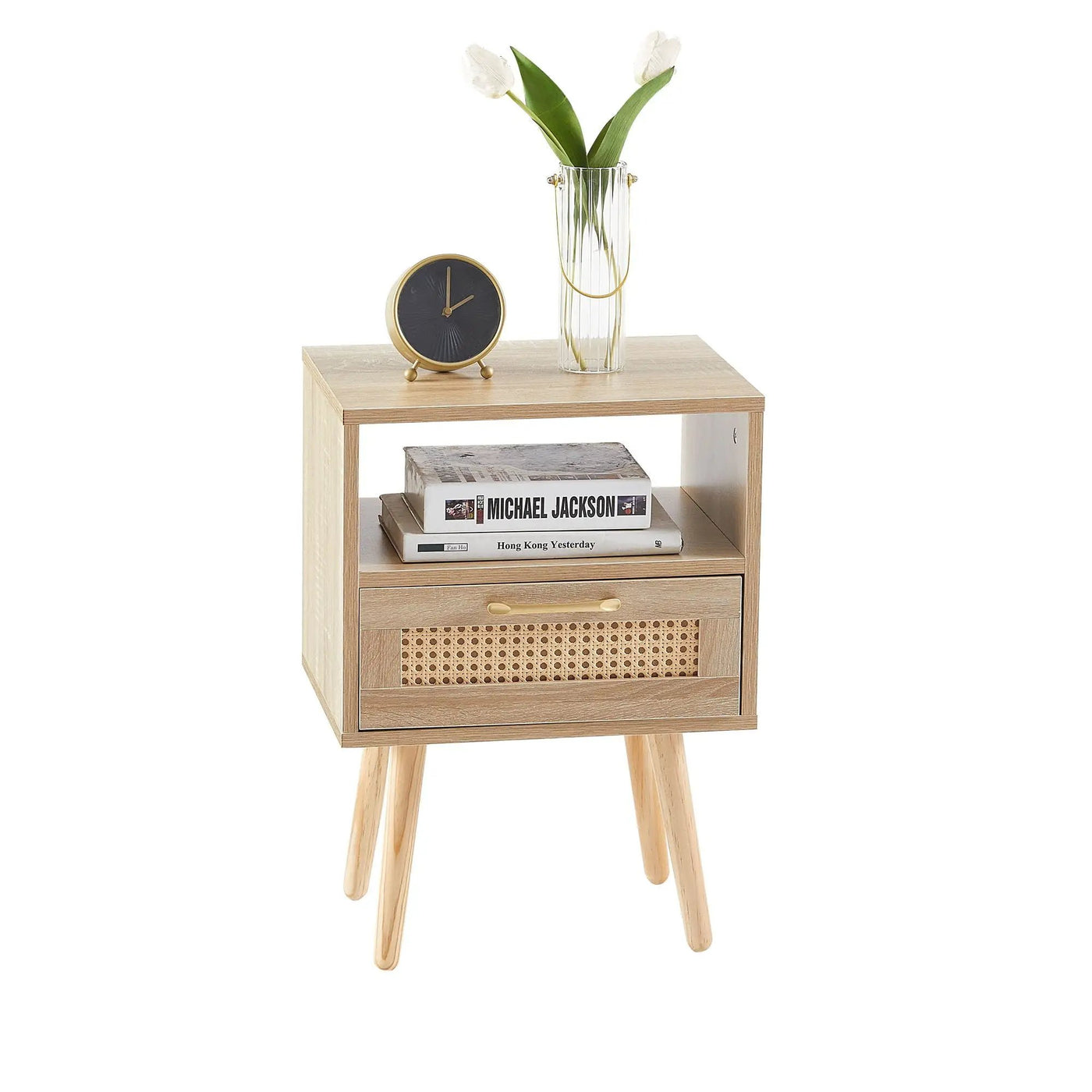 15.75" Rattan End Table With Drawer And Solid Wood Legs, Modern Nightstand, Side Table For Living Room, Bedroom by HouseOfZazla