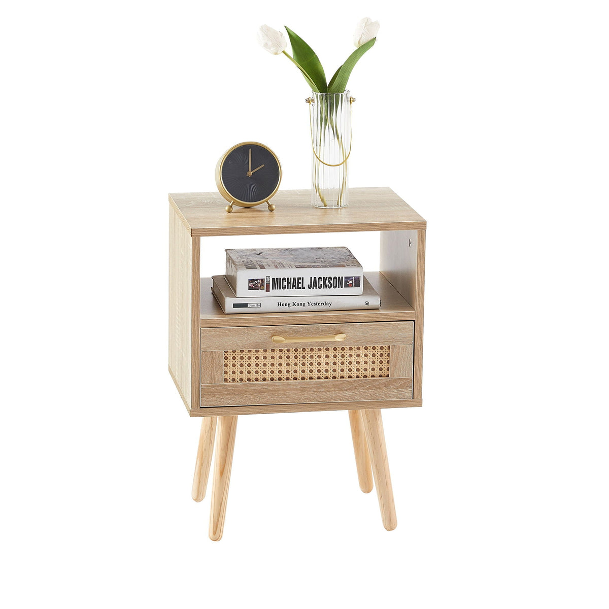 Rattan End Table Nightstand with Drawer and Solid Wood Legs - Black, White, or Light Brown, photo 4 of 40