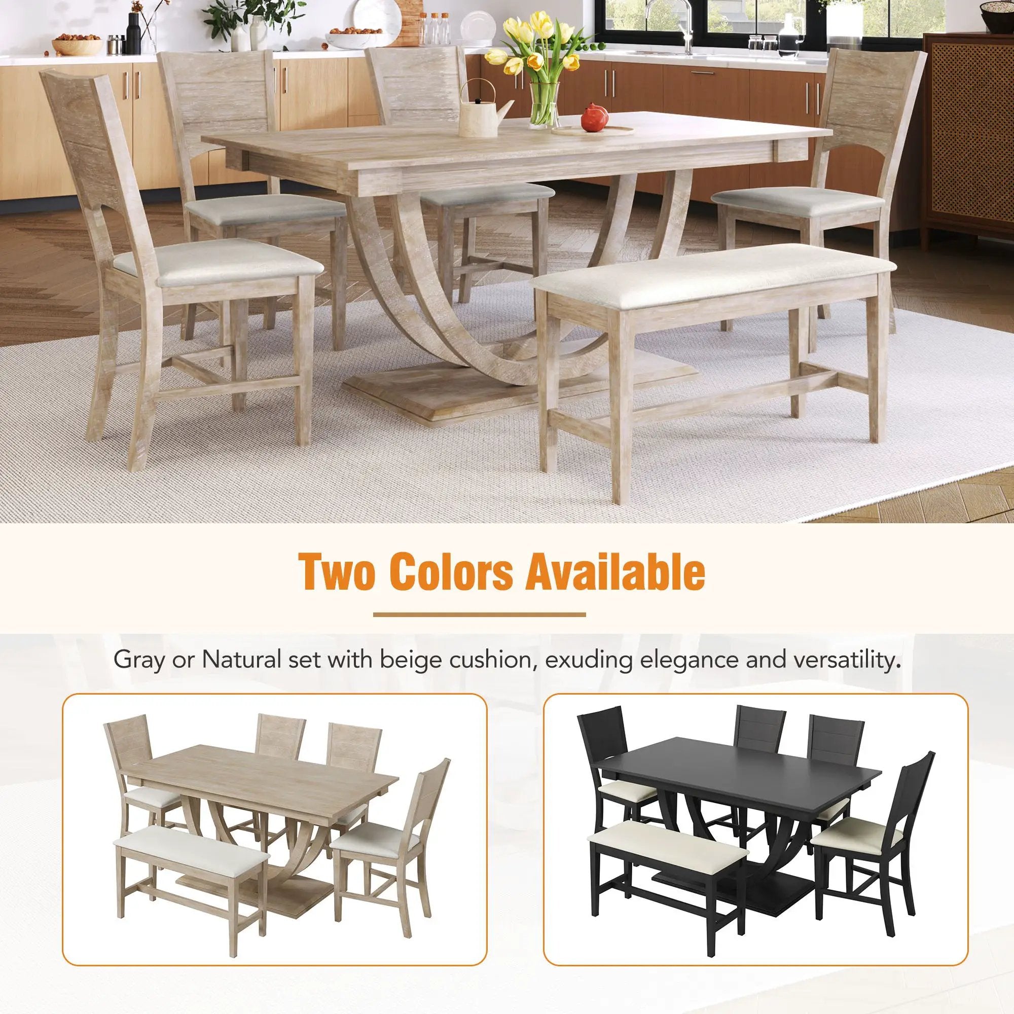 Topmax - 6 Piece Wood Half Round Dining Table Set Kitchen Table Set With Long Bench And 4 Dining Chairs, Modern Style by HouseOfZazla
