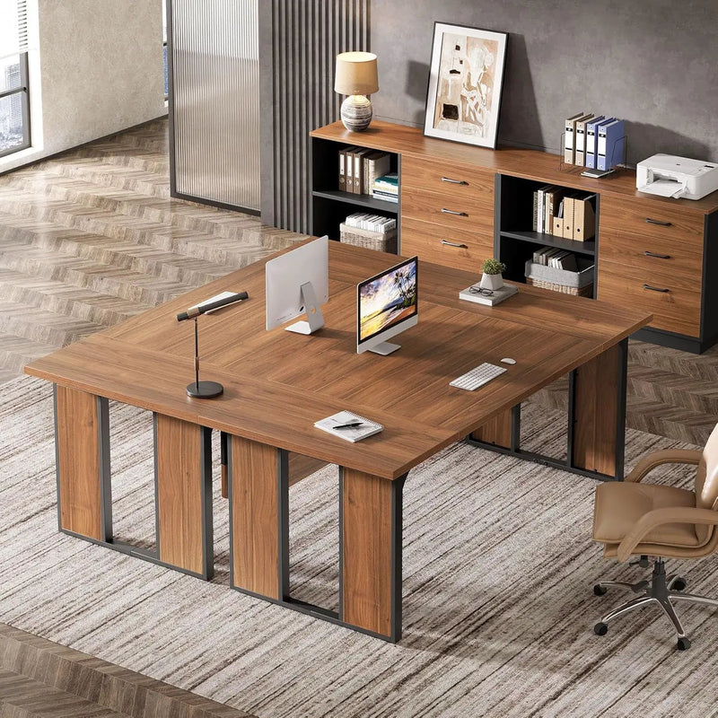 L-Shaped Executive Desk With File Cabinet, Office Computer Desk With Drawers & Open Shelves, Workstation For Home Office - Brown / Black by HouseOfZazla