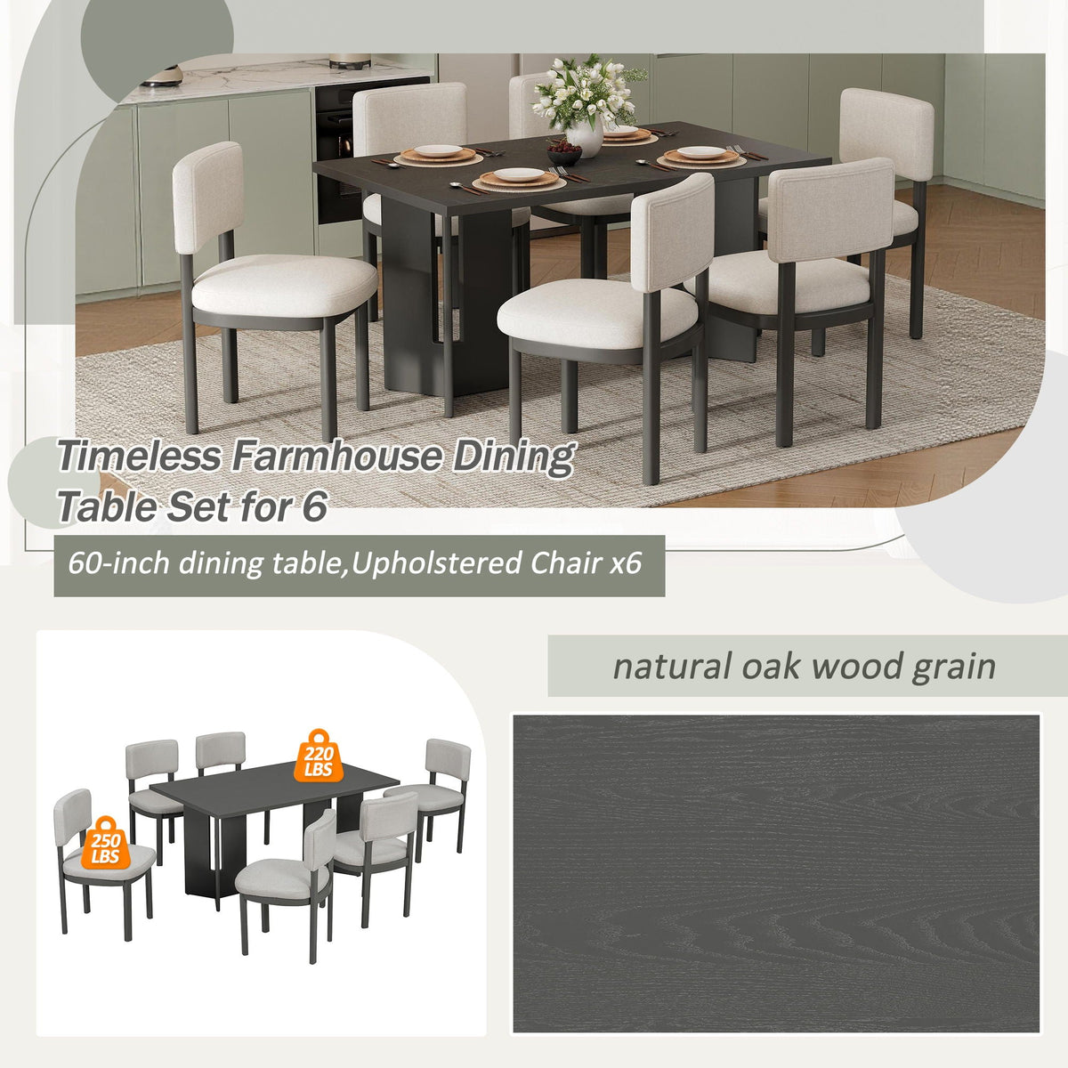 Dining Table Set With 6 Upholstered Chairs, photo 3 of 33