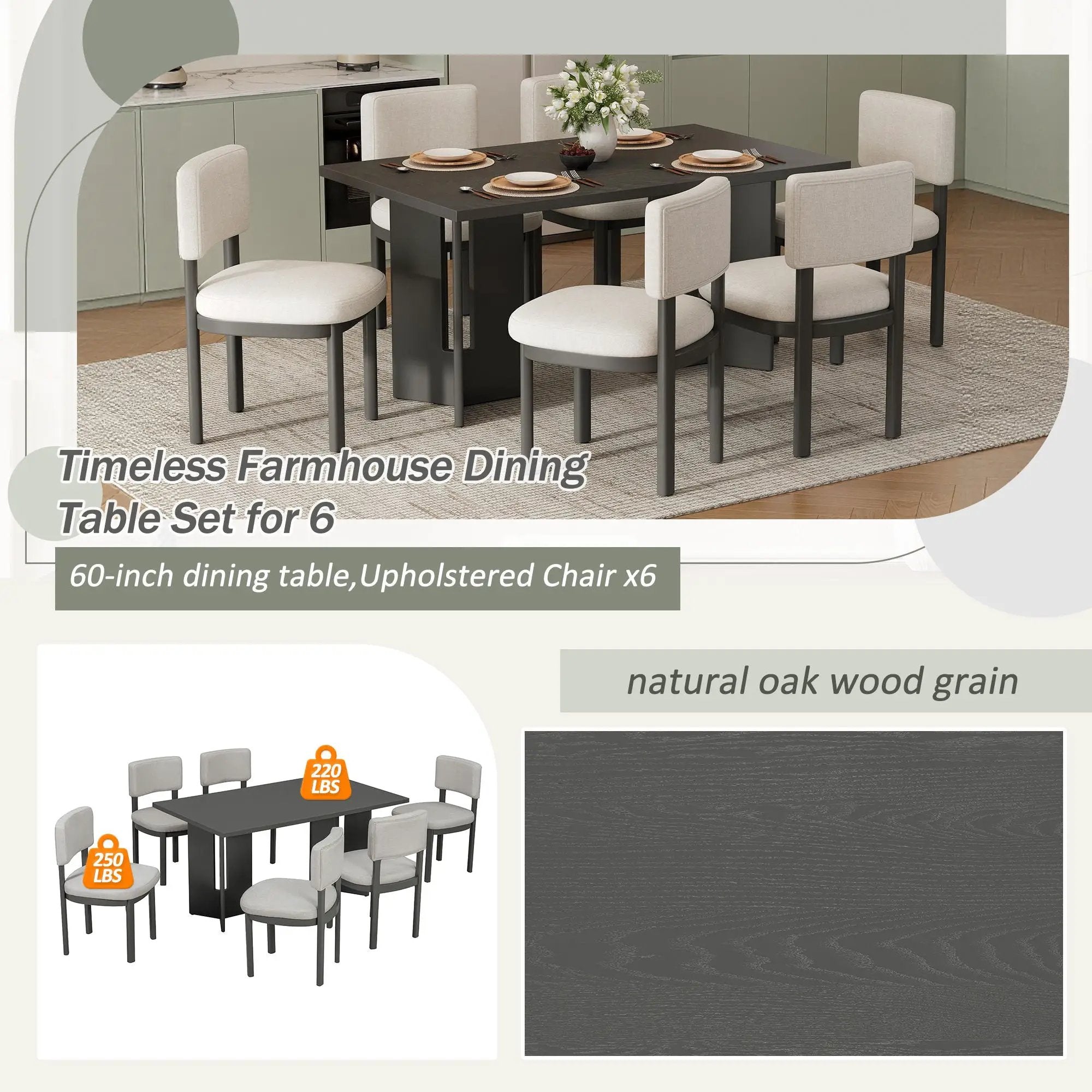 Dining Table Set With 6 Upholstered Chairs, Rectangular Table With Cutout Legs by HouseOfZazla