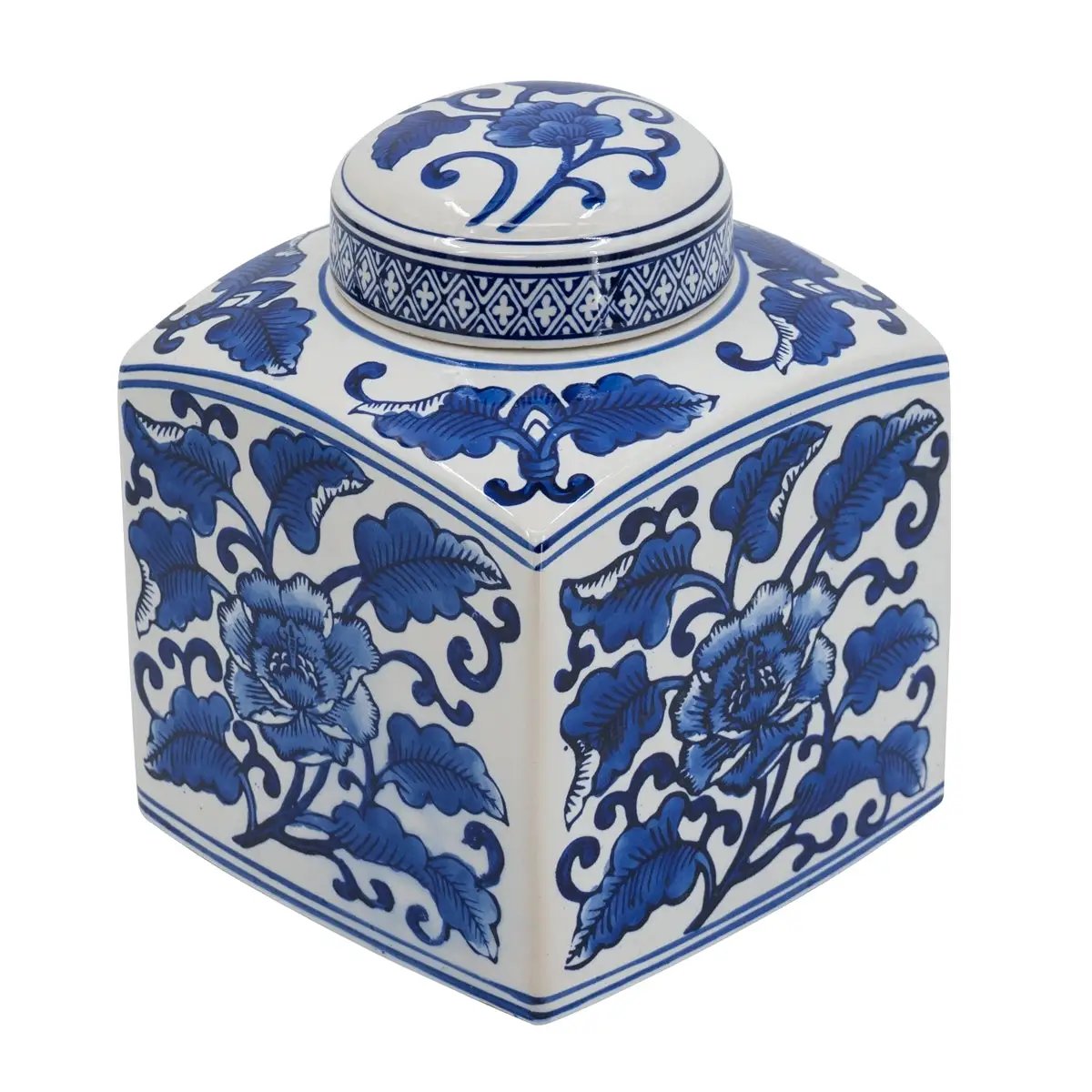 5x5x8' Hand Painted Square Canister with Blue and White Floral Pattern by HouseOfZazla