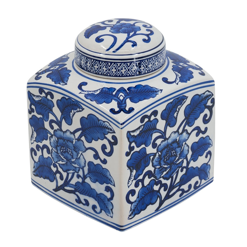5x5x8' Hand Painted Square Canister with Blue and White Floral Pattern by HouseOfZazla