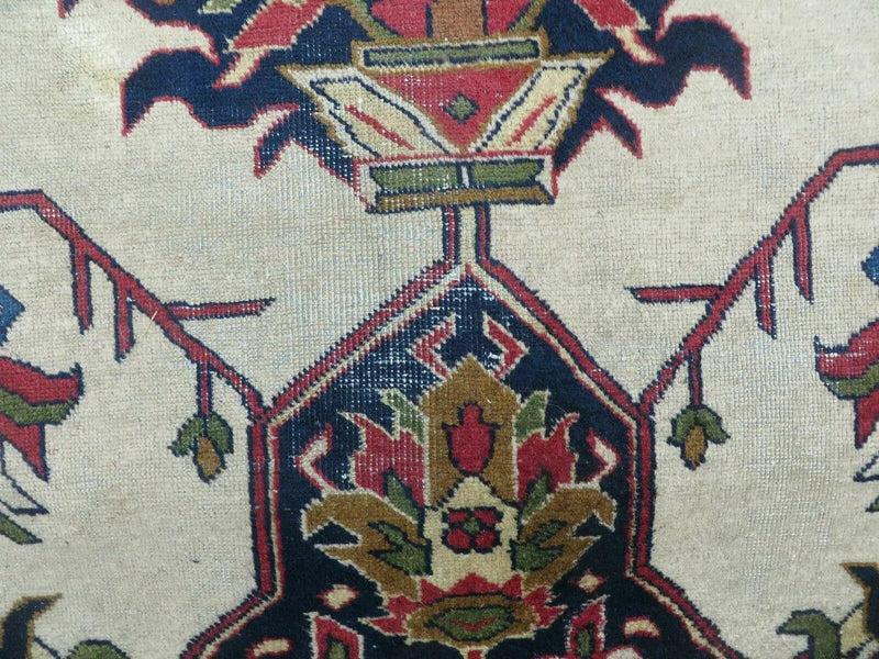 Persian Tabriz Rug 10x13 Oriental Carpet, Ivory Open Field, Geometric Medallion, Red Blue, Hand Knotted, Large Wool Area Rug Vintage Antique 1950s by Jewel Rugs