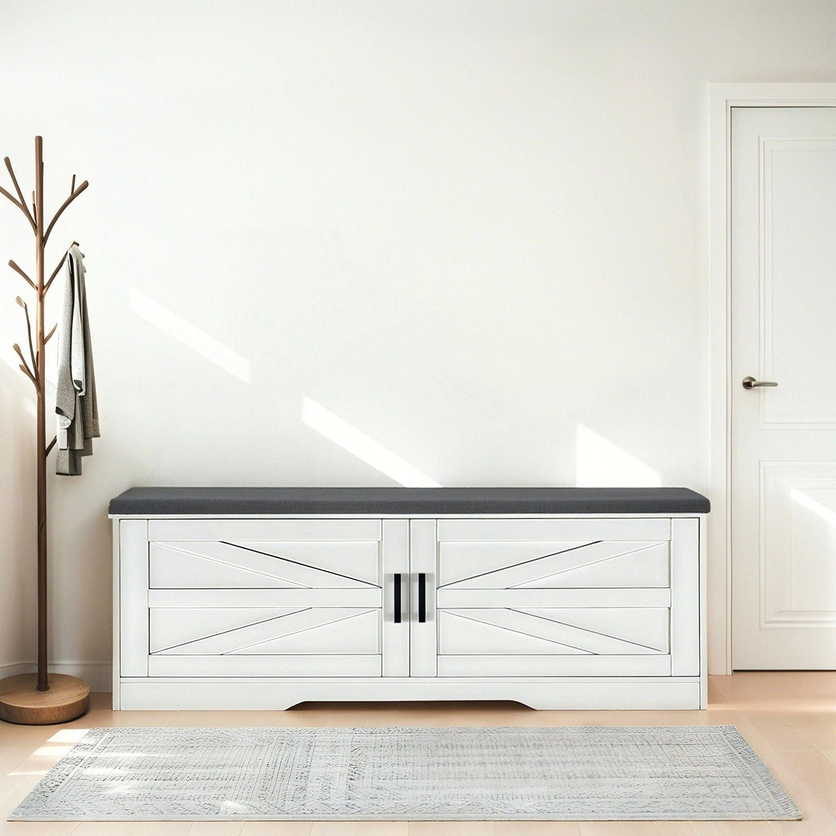 2 Tier Shoe Bench with Padded Seat and Adjustable Shelves - White, photo 2 of 4