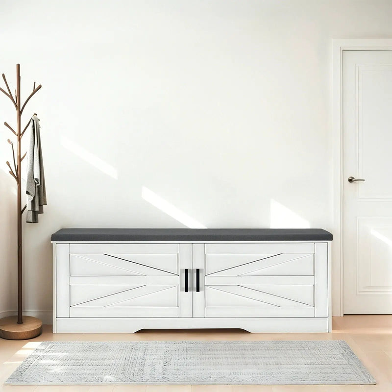 2 Tier Shoe Bench With Padded Seat, 2 Barn Doors And Adjustable Shelves, For Entryway And Living Room - White by Unique Piece Furniture